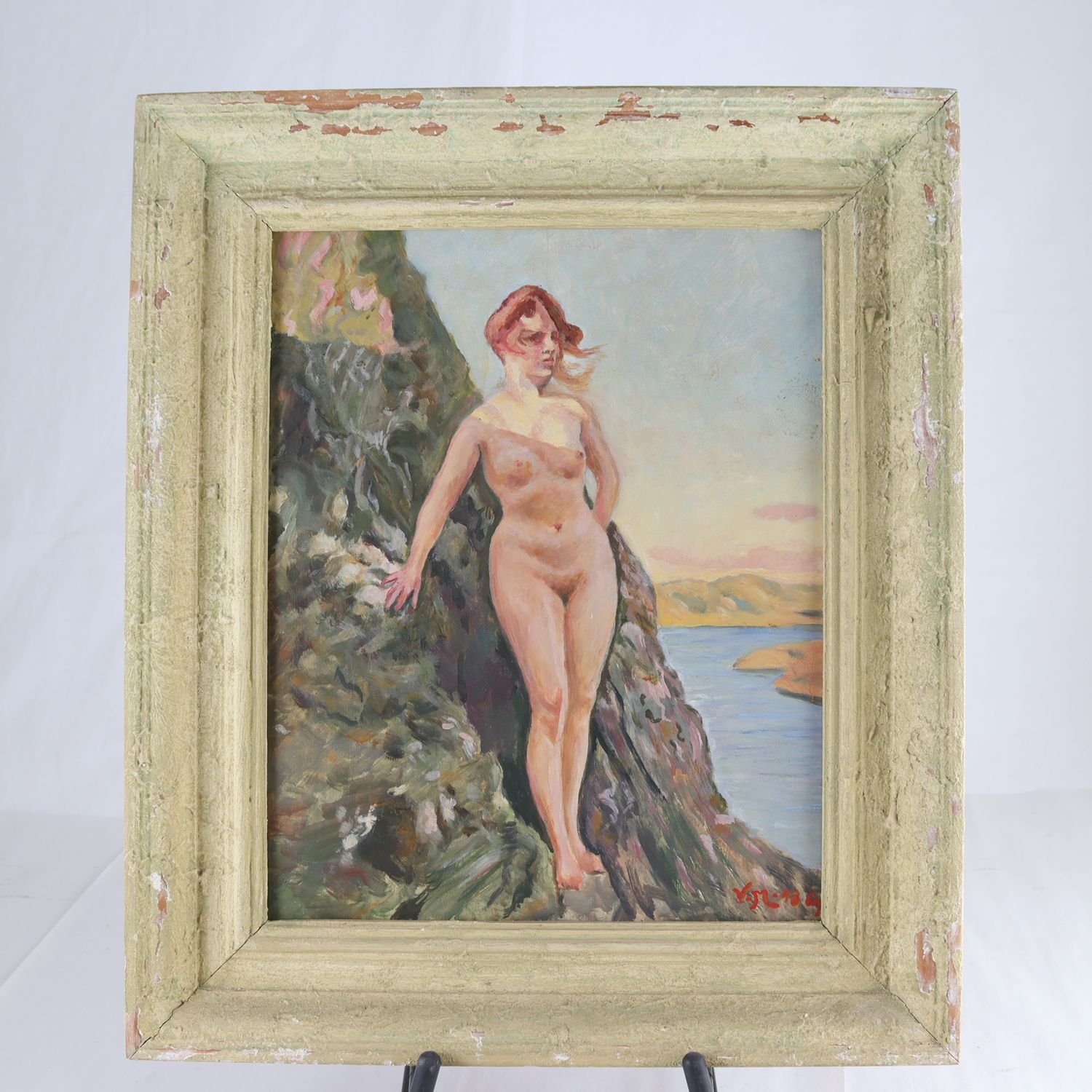 Oljemålning, kvinna på klippa, okänd konstnär, sign V.M 1943. Samfraktas ej.