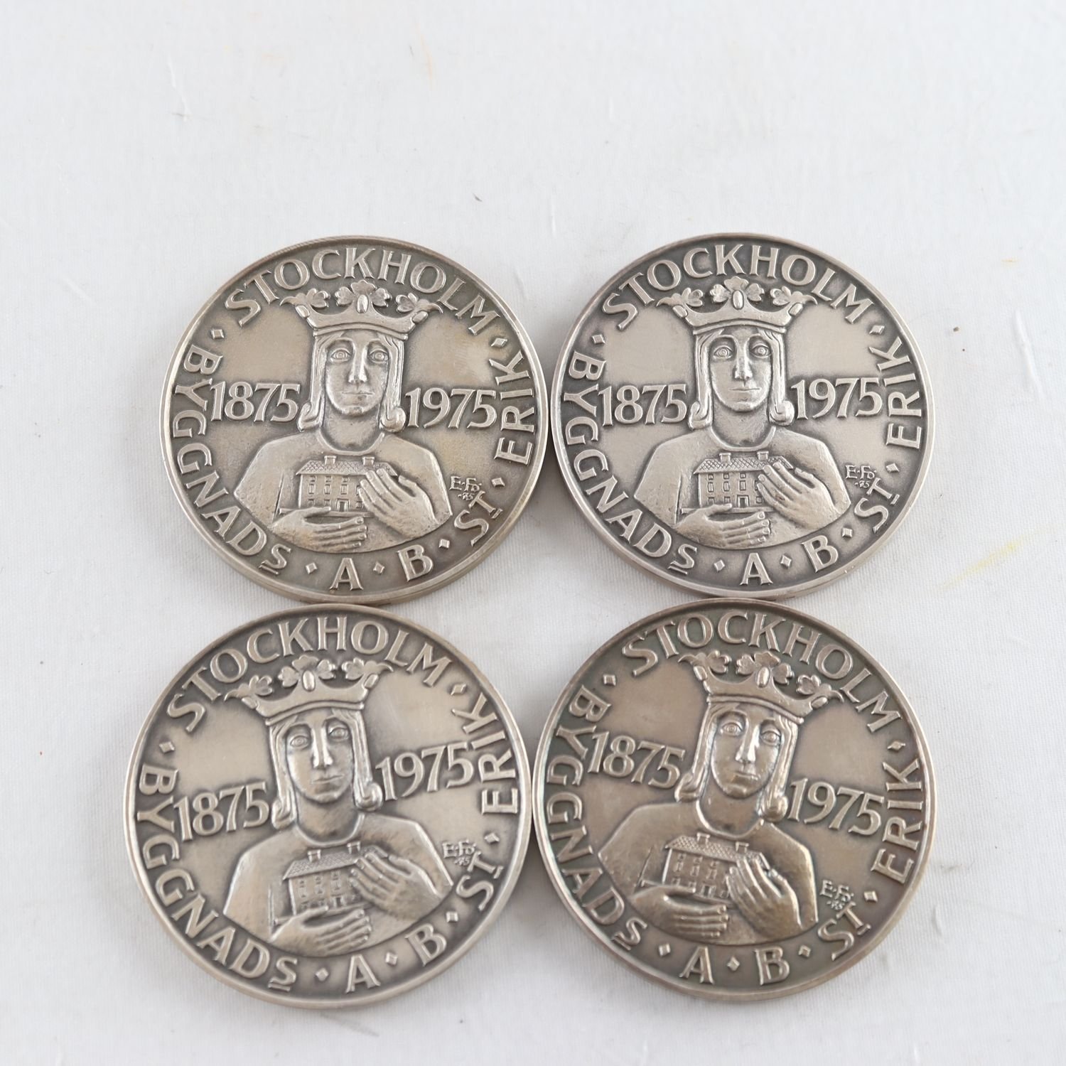 Minnesmynt, silver, kattfot, Stockholms arbetarehem, 1875-1975, 4 st.