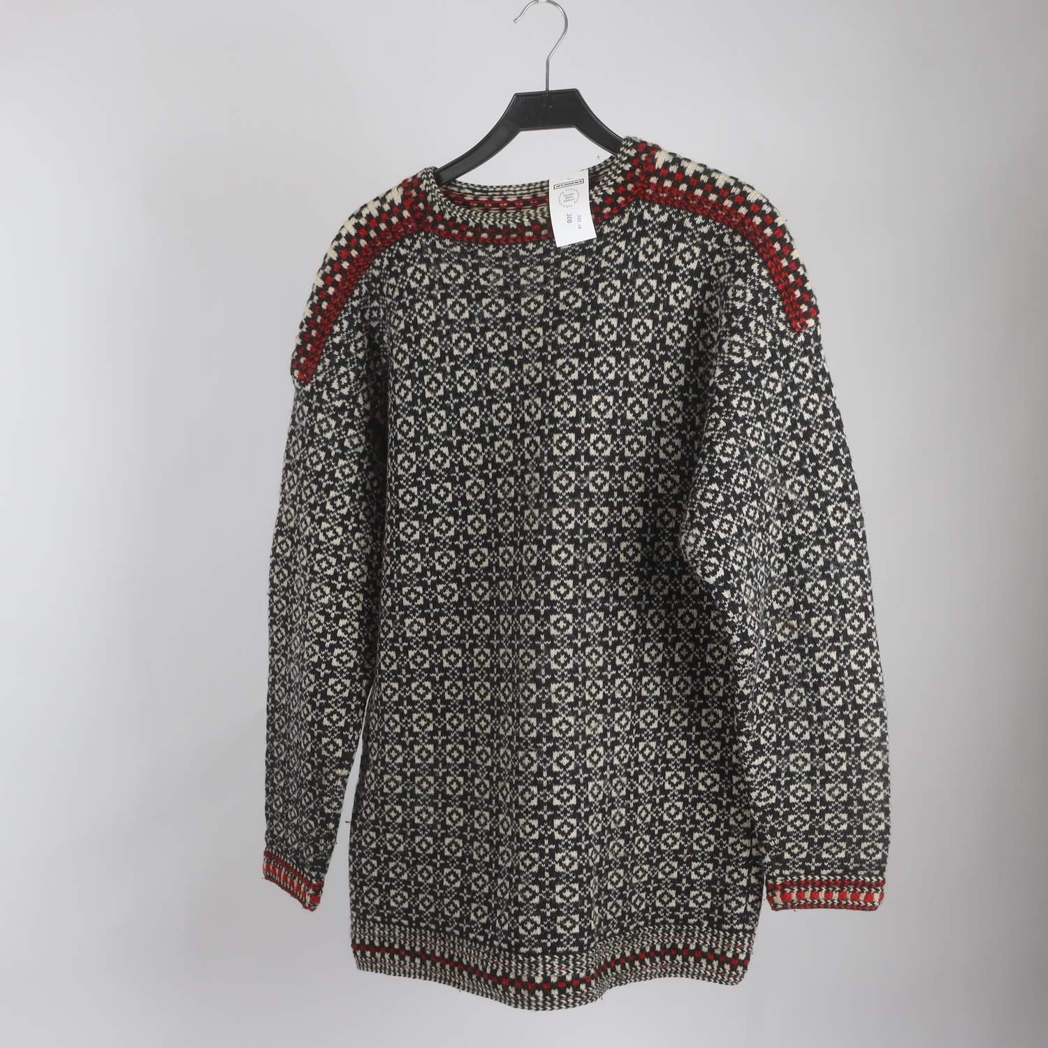 Lusetröja, Handstickad, svart, vit, längre modell, ull, stl. ca. M/L