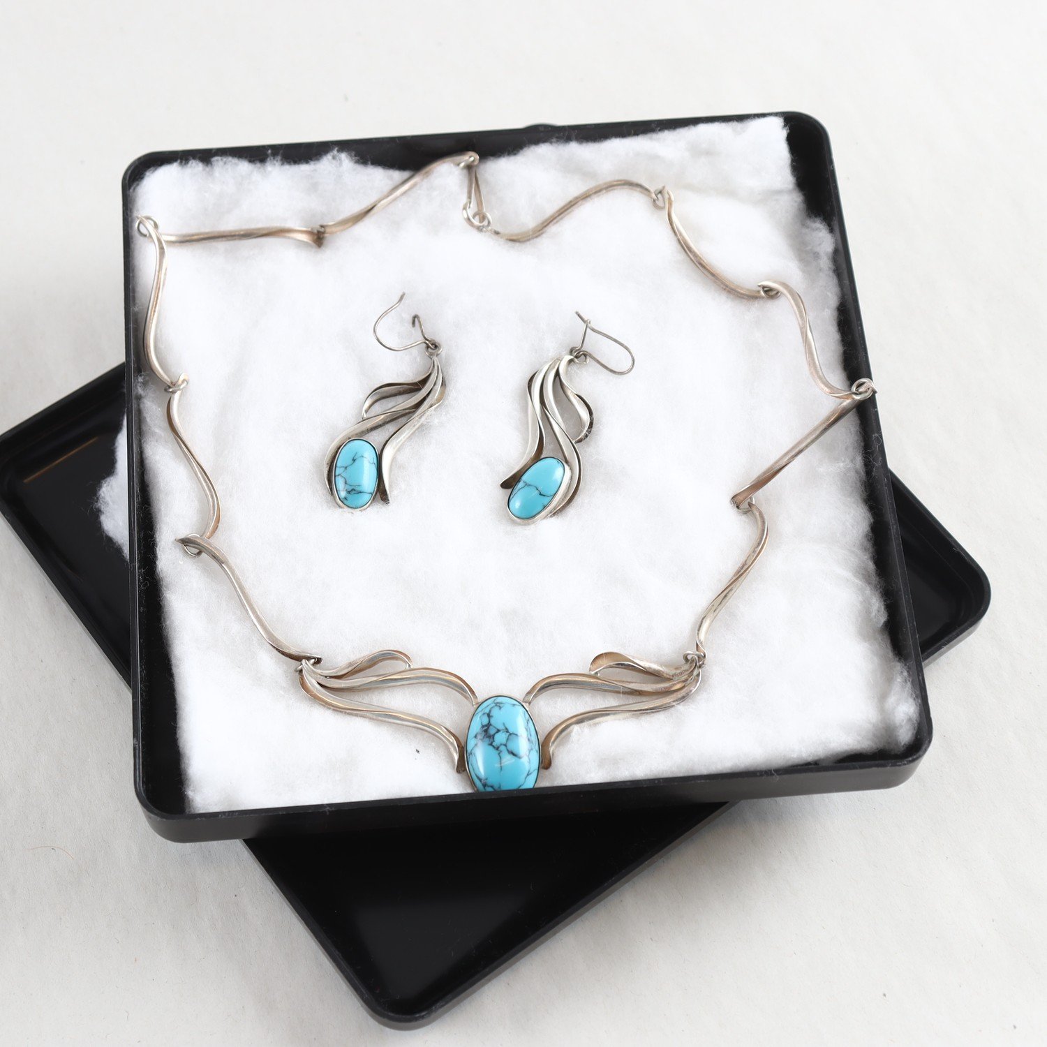 Halsband, collier, örhängen, silver 925, turkoser, vintage, brv: 30,7g