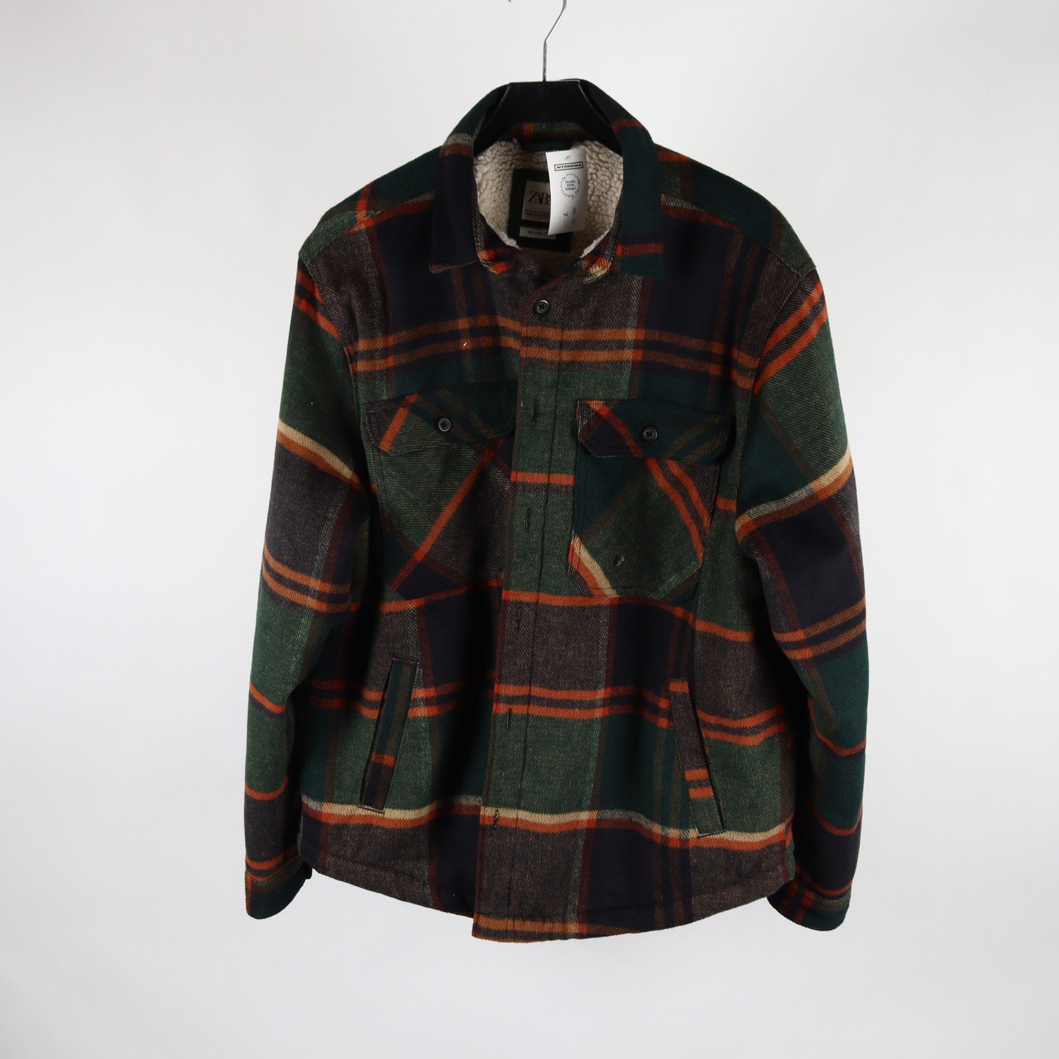 Skjortjacka, Zara, grön, orange, pilefoder, stl. XL