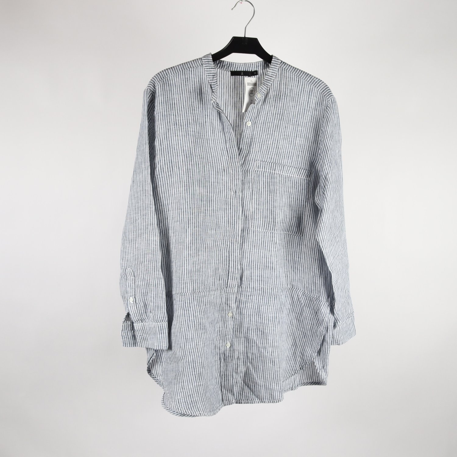 Blus, Åhlens, vit, grå, lin, stl. 38