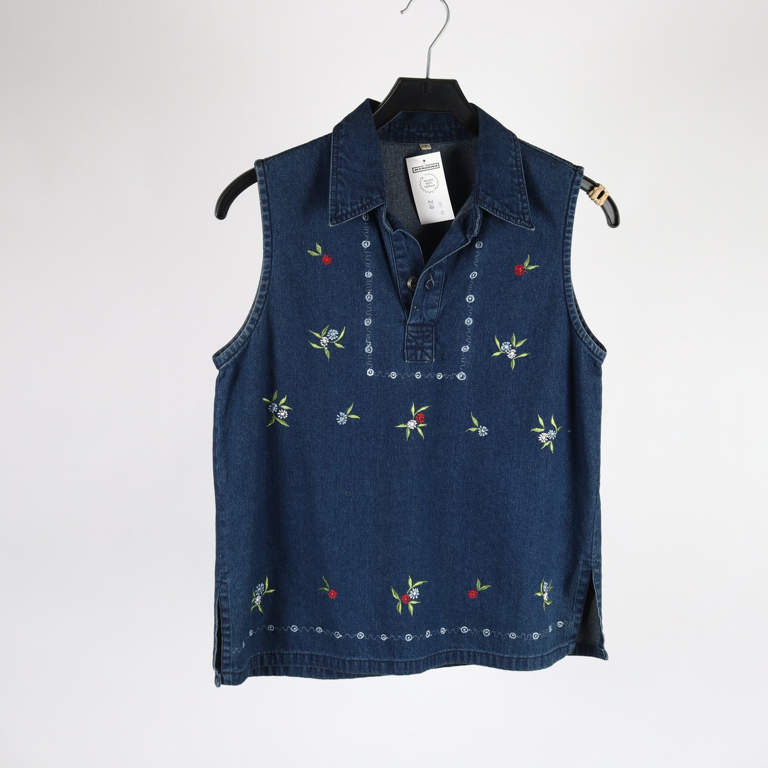 Linne, blå, jeans, broderad, stl. S