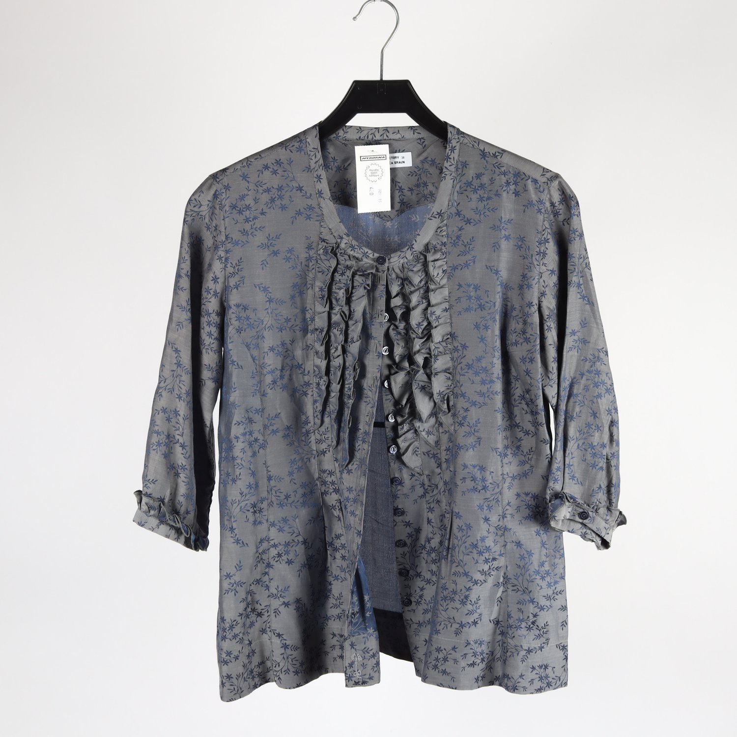 Blus, The Shirt Factory, blå, grå, silke, bomull, stl. 38