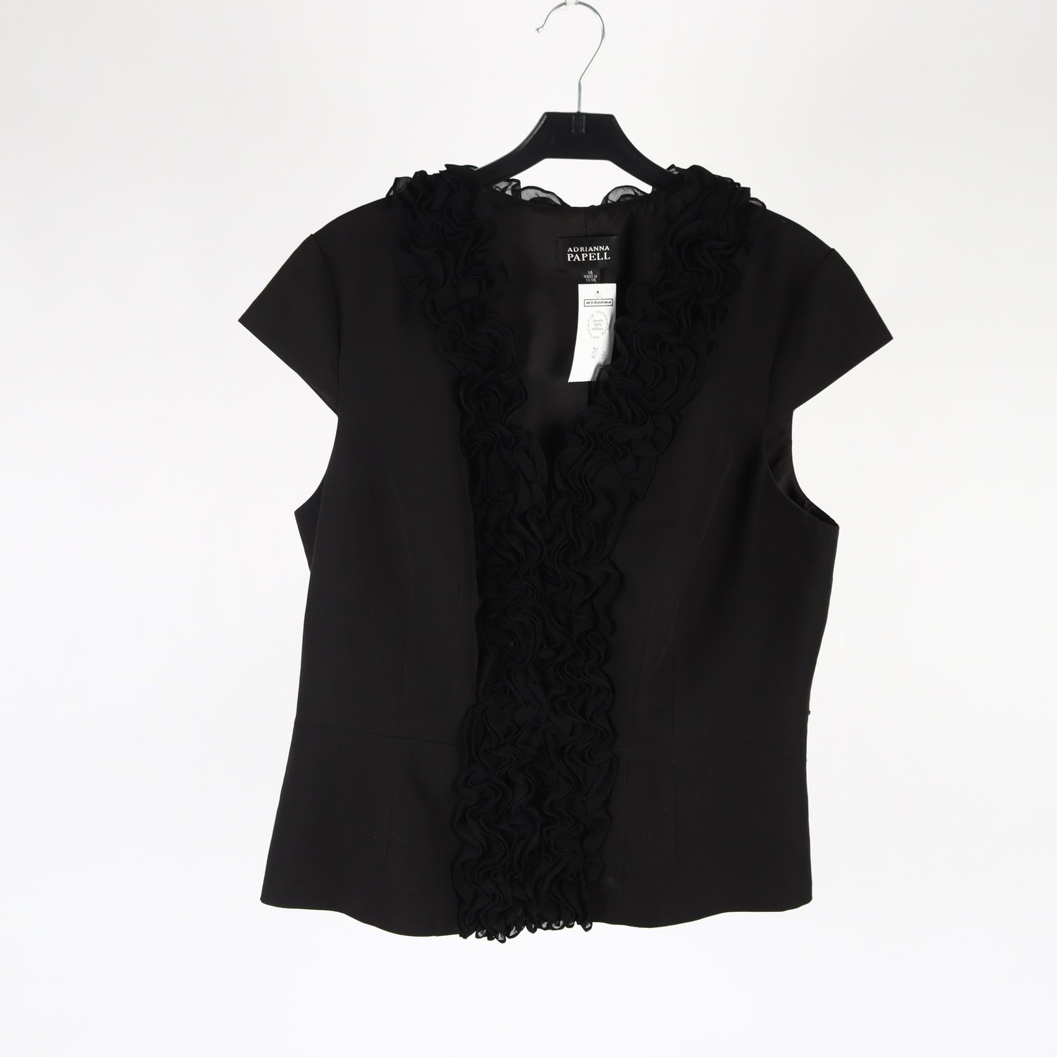 Blus, Adrianna Papell, svart, volanger i silke, stl. 14