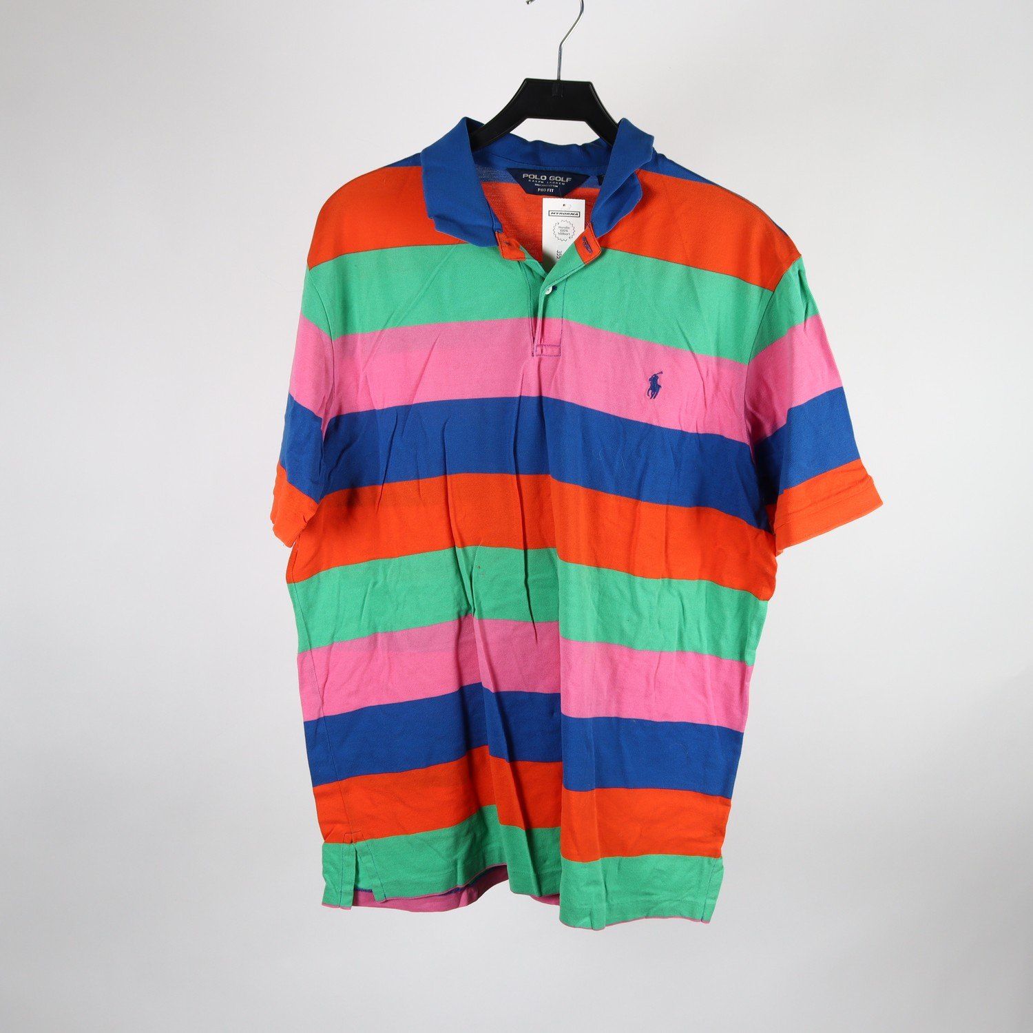 Piké, randig, rosa, grön, blå, st. XL