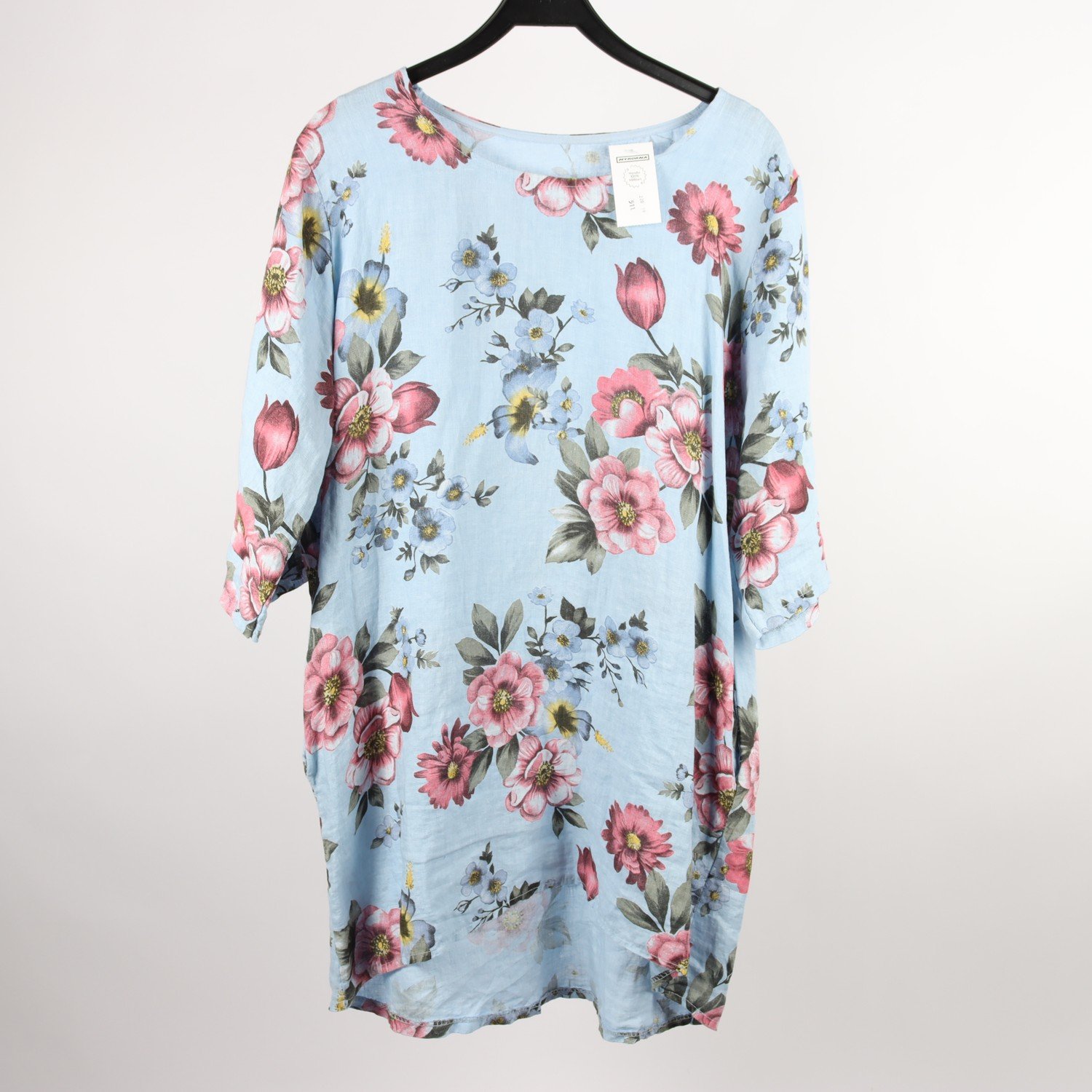 Klänning, Made in Italy, blommig, blå, lin, stl. L/XXL