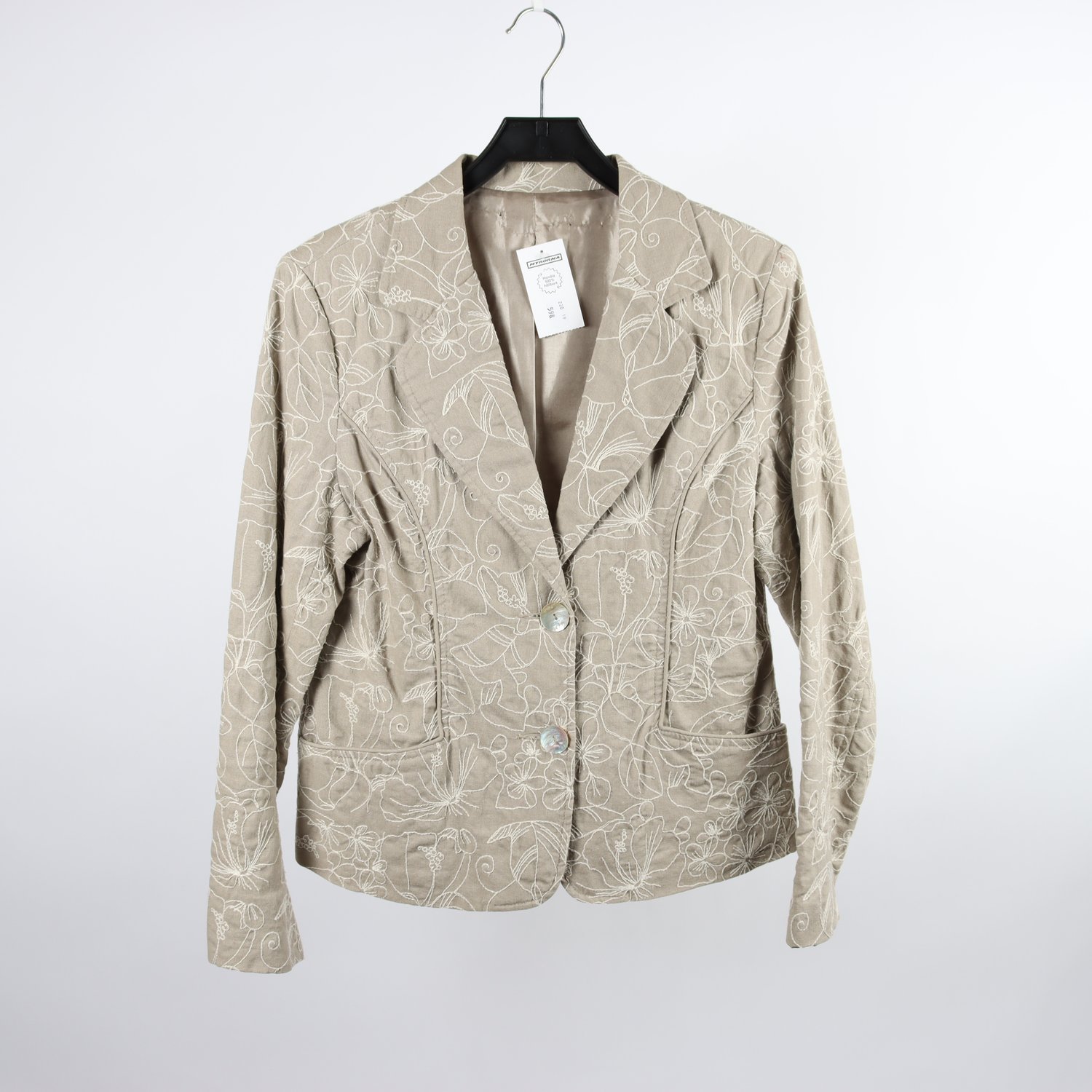 Kavaj, Okänd, beige, broderad, lin, bomull, stl. ca. S
