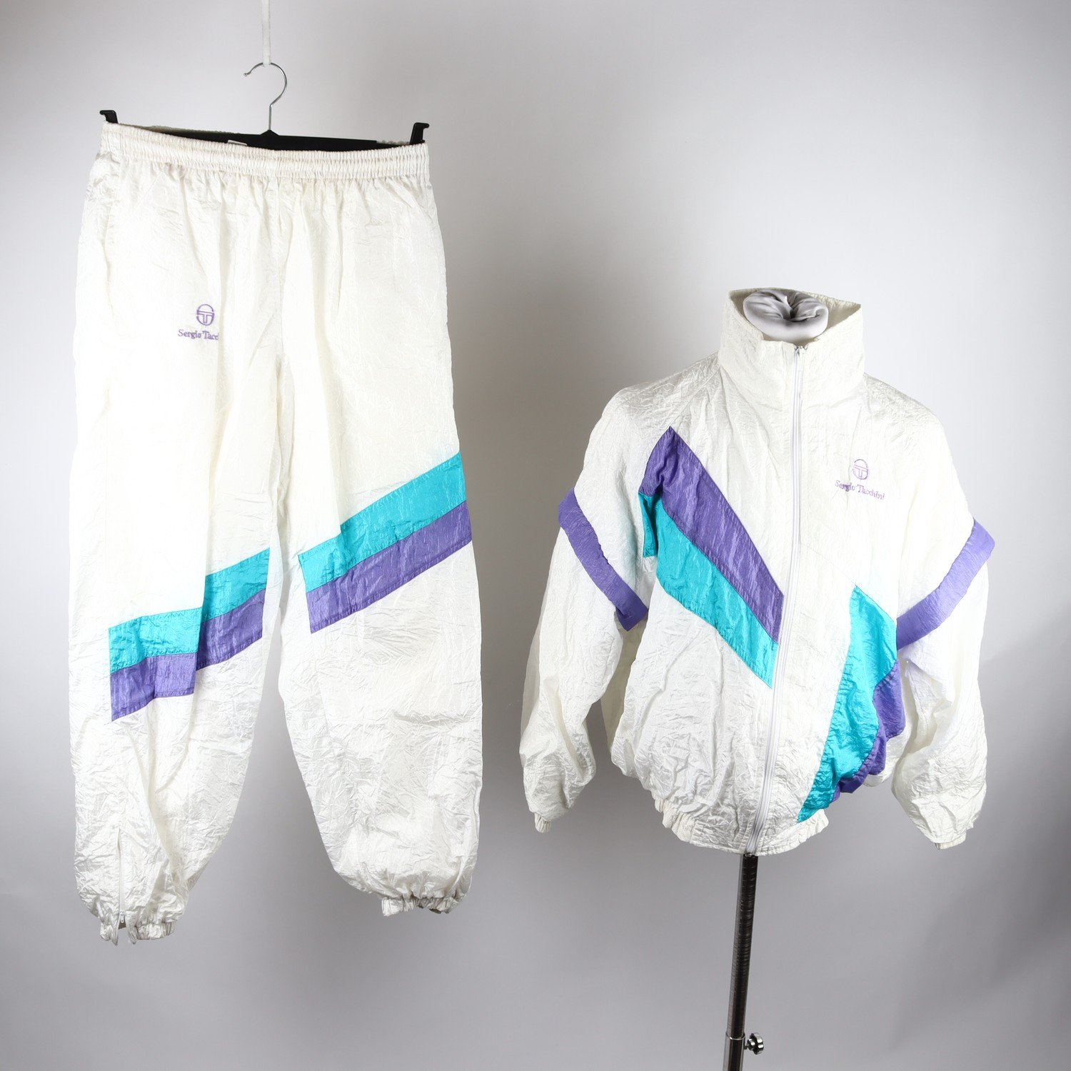 Träningsoverall, Sergio Tacchini, vit, lila, retro, stl. M