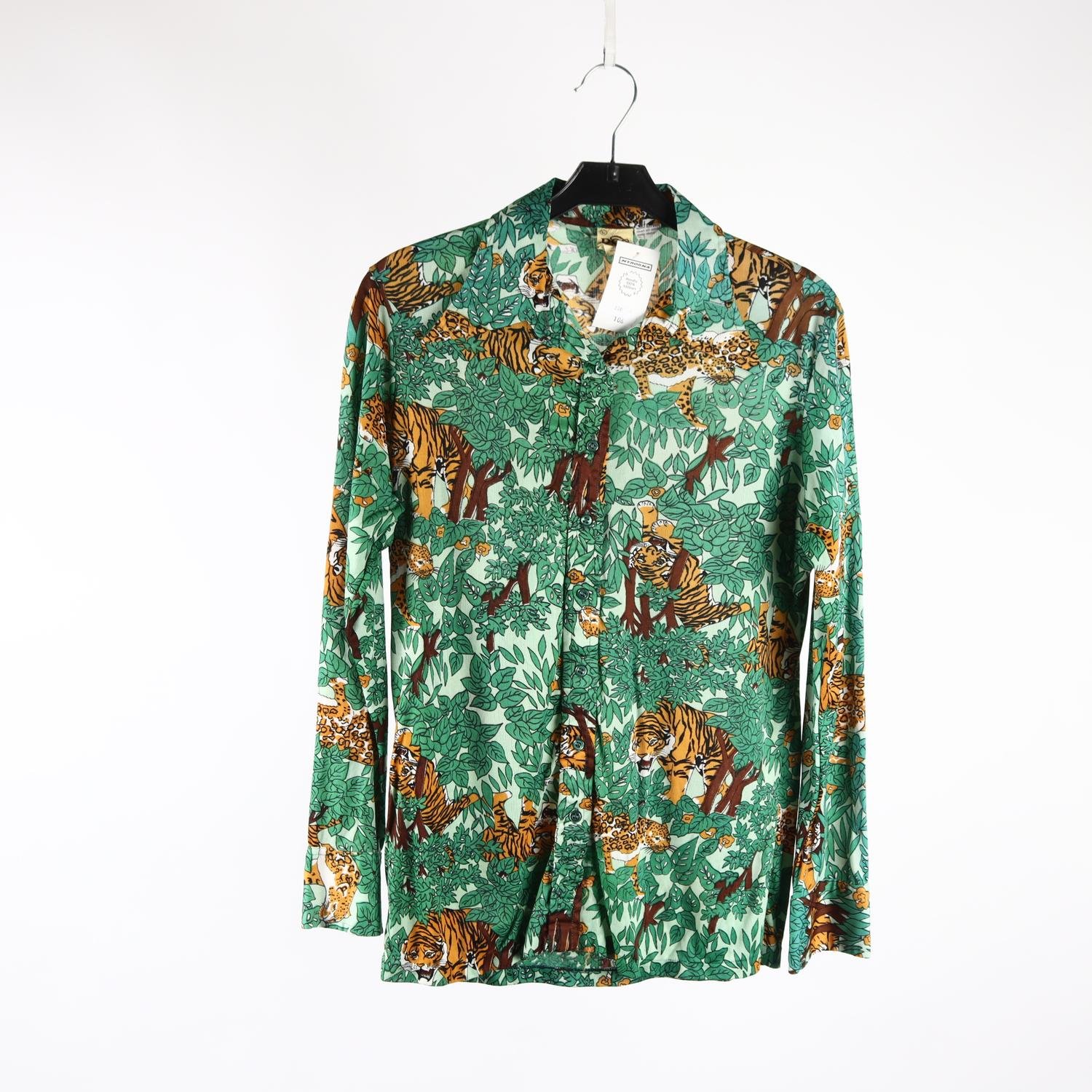 Blus/tröja, vintage, Russ Shirt Company, grön mönstrad, djur, stl. L