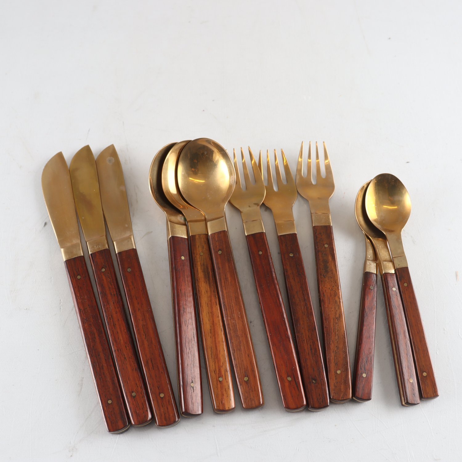 Bestick, mässing och teak, 12 delar