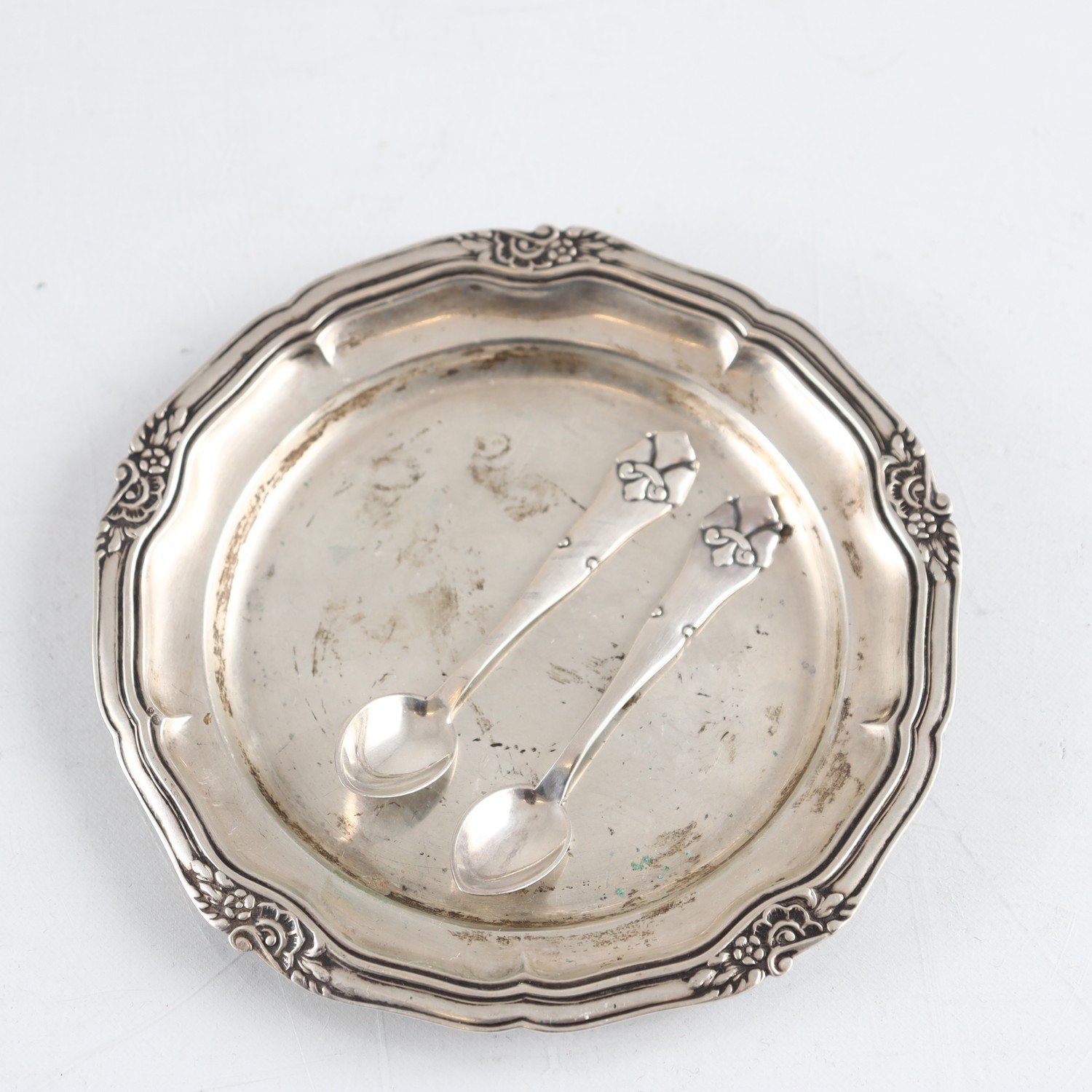 Kuverttallrik, silver, paret saltskedar, silver, Christian F Heise