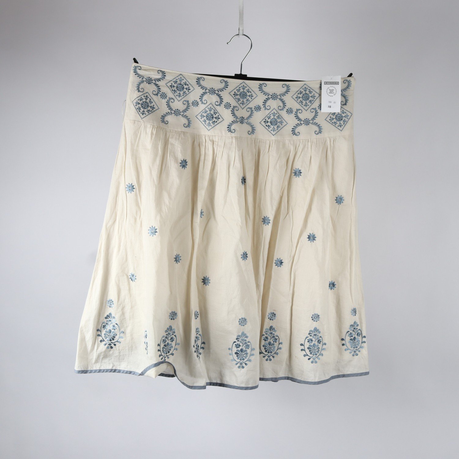Kjol, Laura Ashley, offwhite, blå, broderi, stl. 42