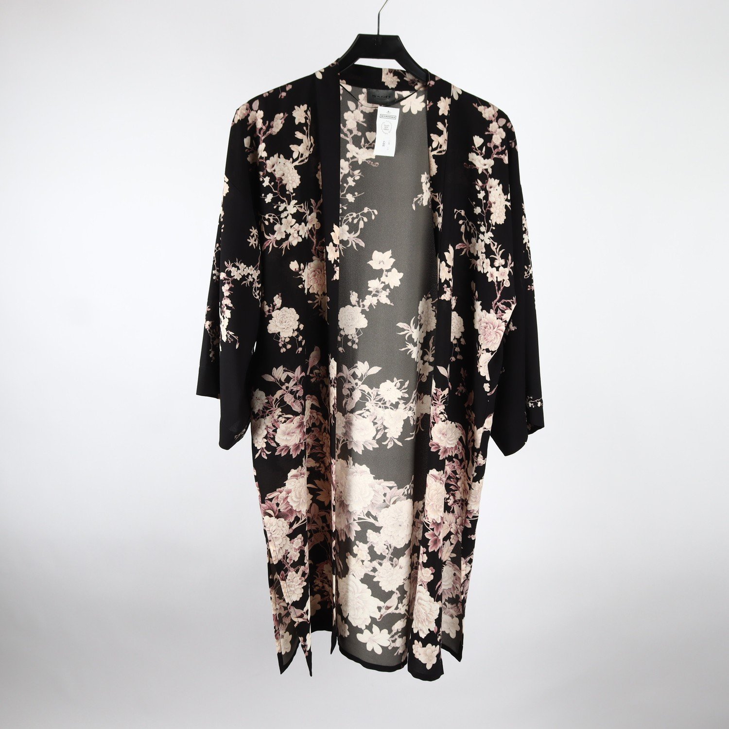 Kimono, Sand, svart, blommig, stl. XS