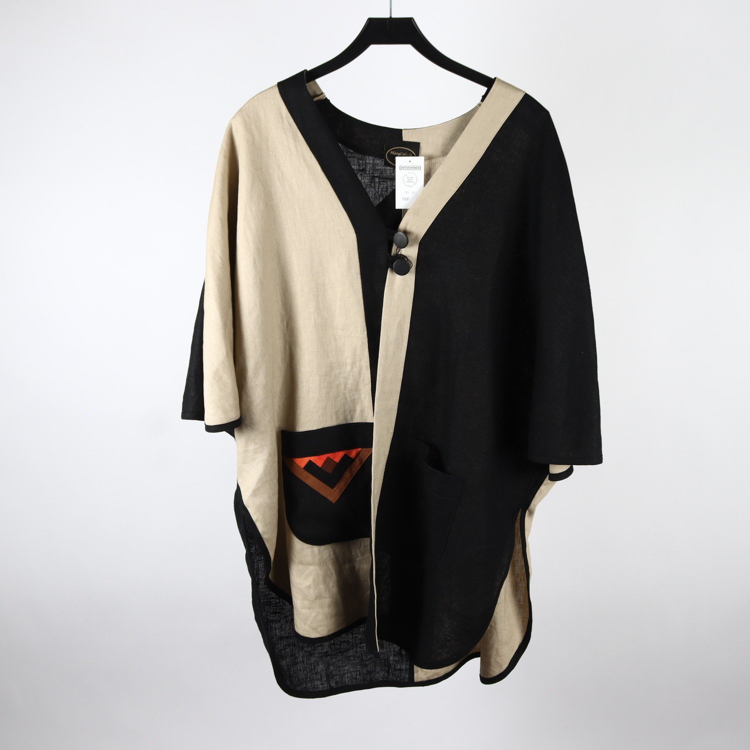 Tunika, Mary Collana Art Design, beige, svart, lin, stl. ca. L-XL
