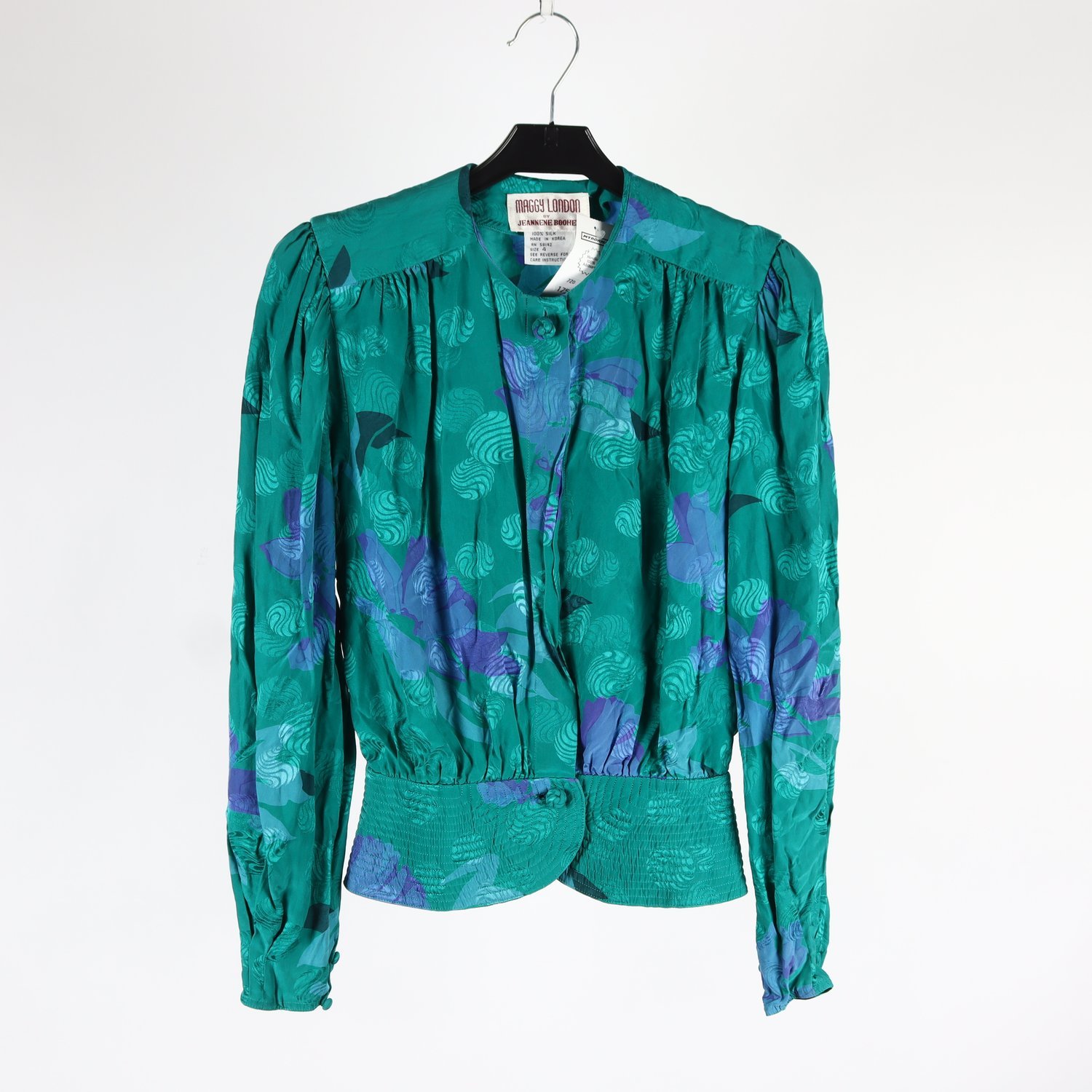 Blus, vintage, Maggy London by Jeannene Booher, grön, mönstrad, stl. 4 (XS)