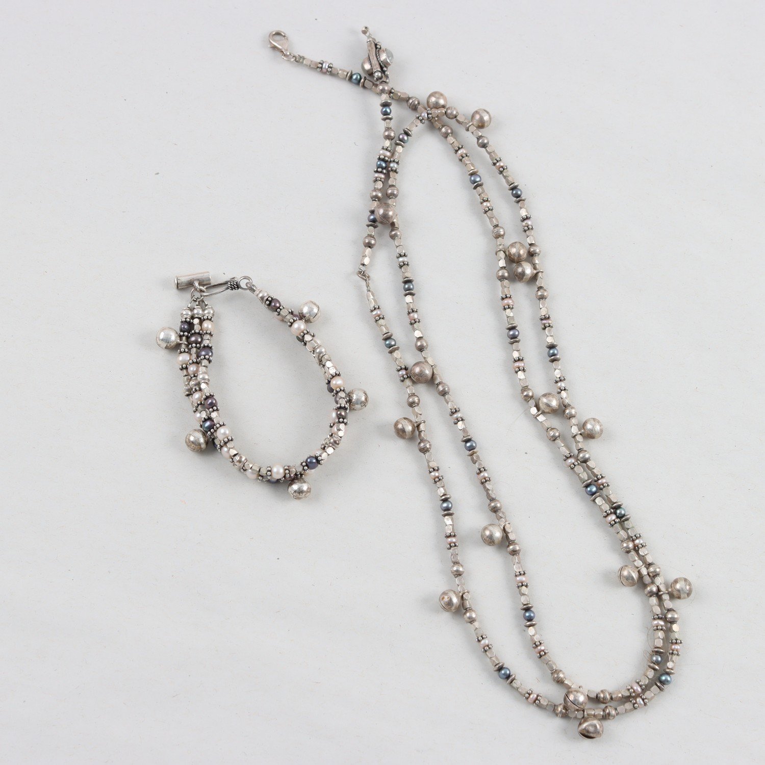 Set, halsband, armband, silver 925, pärlor, brv: 68,6g