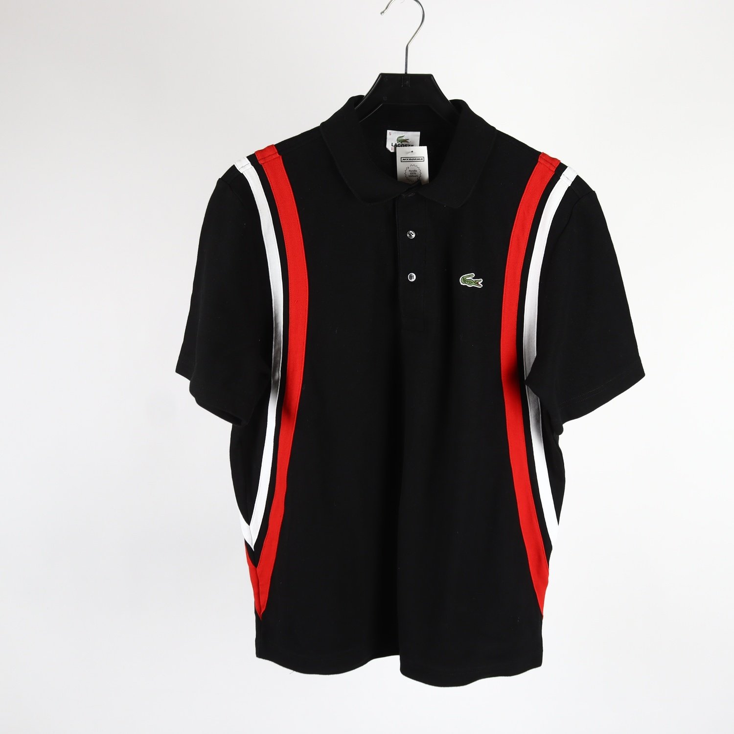 Pikètröja, Lacoste, svart, röd, vit, stl. 5 (M/L?)