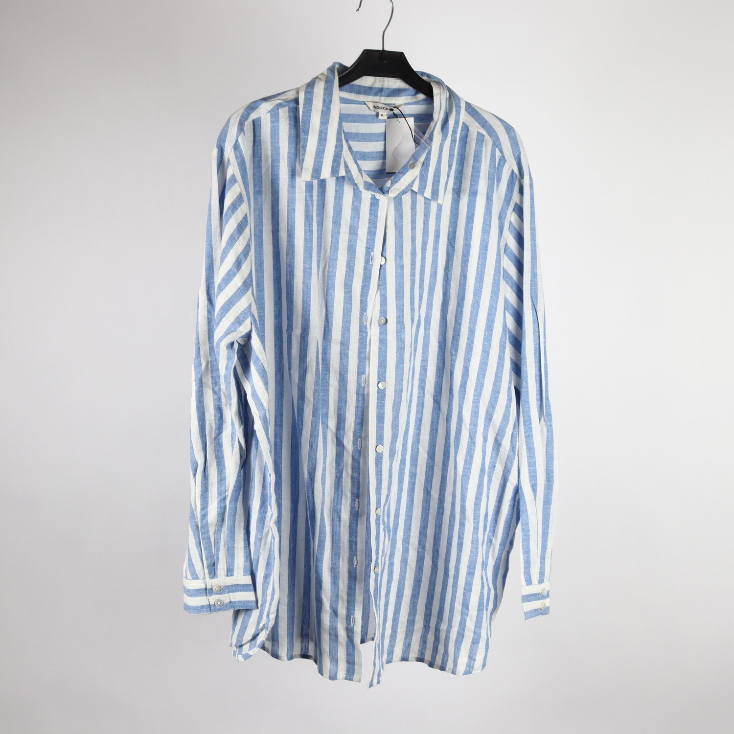 Blus, Indiska, randig, vit, blå, lin, stl. XL