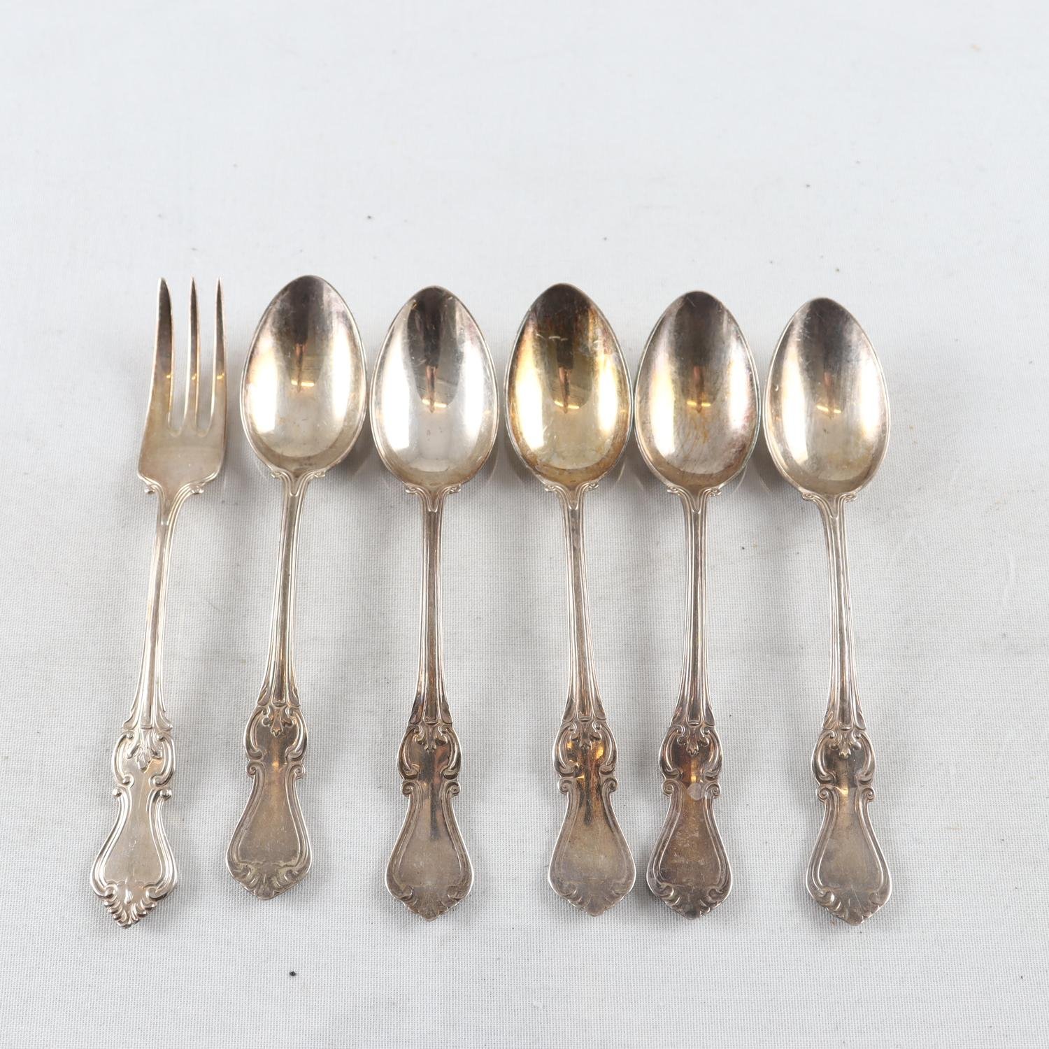 Teskedar, samt en gaffel, silver, 830, GAB, Göteborg, 6 st.
