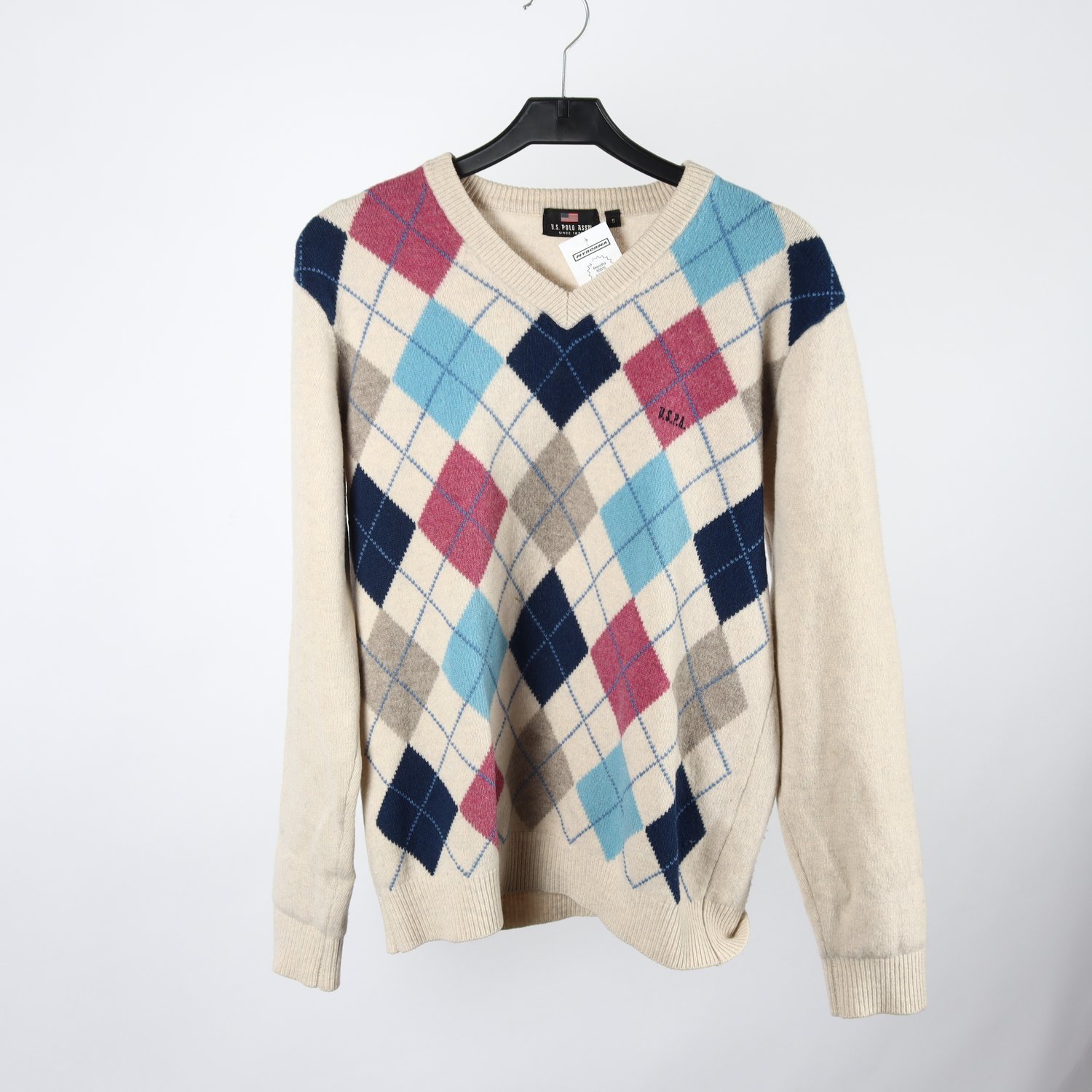 Tröja, U.S Polo Assn, benvit, blå, rosa, lammull, stl. S