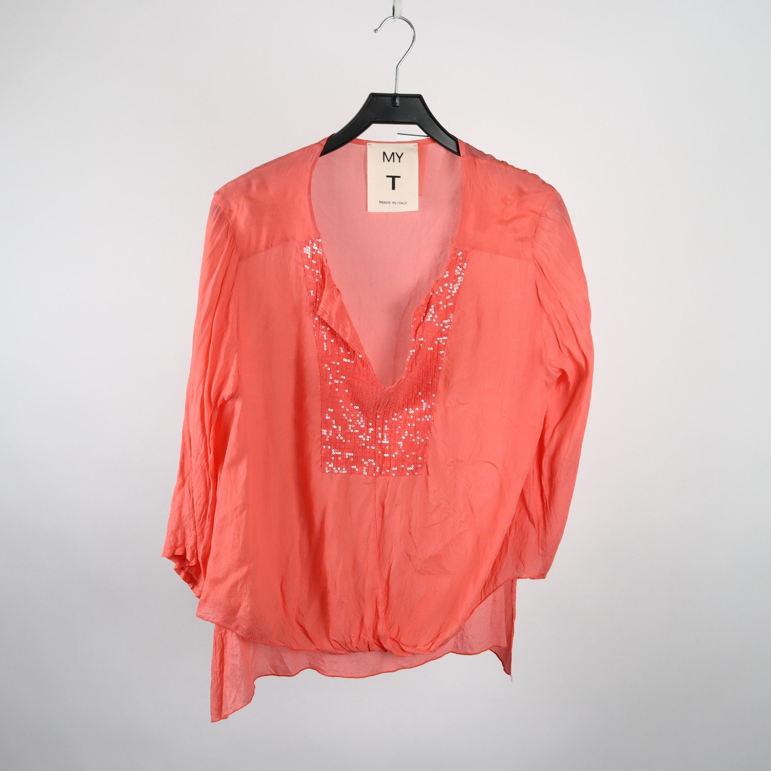 Blus, Myt, orange, silke, bomull, stl. XL
