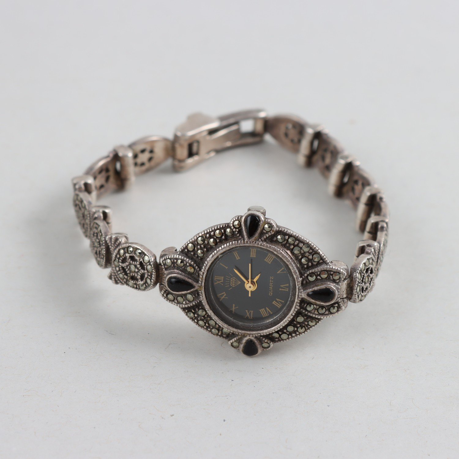 Armbandsur, Vintage Sterling Silver, Markasiter, Onyx, brv: 32,4g