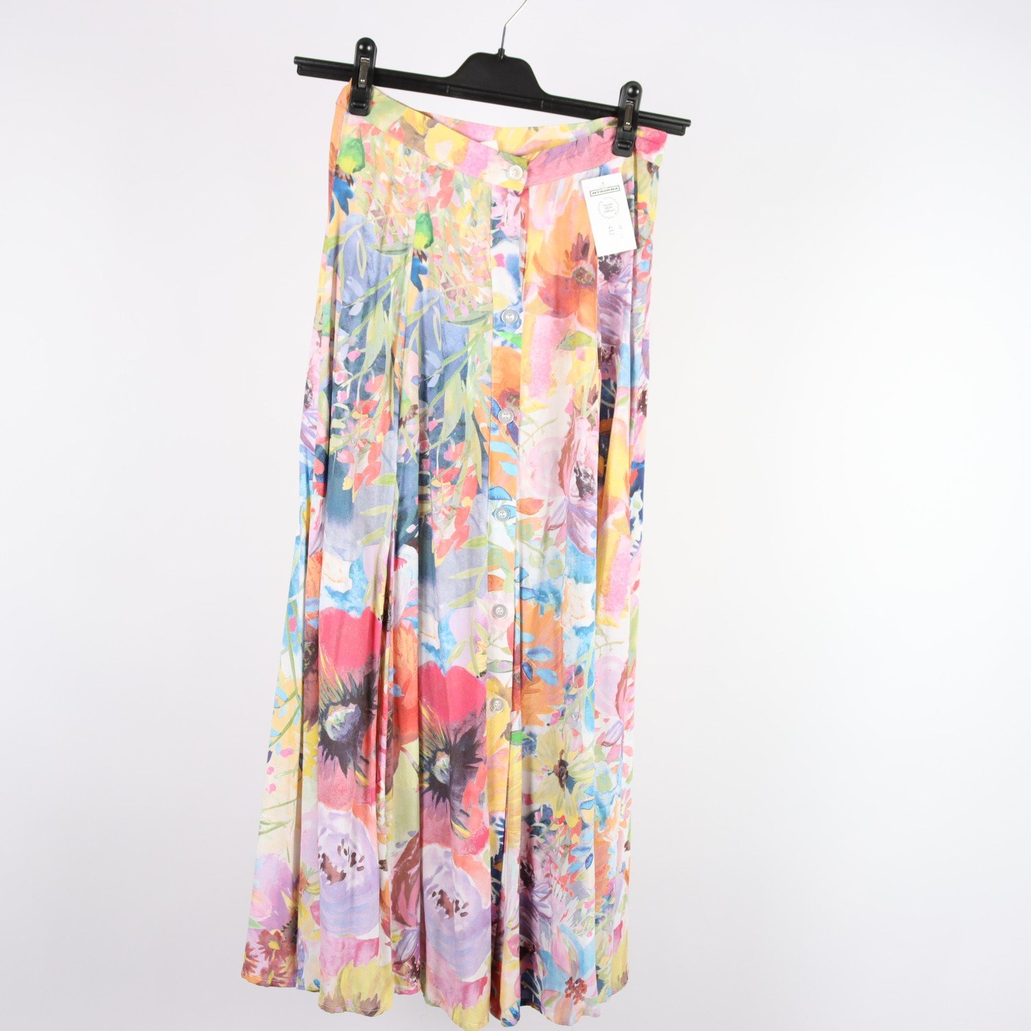 Kjol, H&M, blommig, gul, rosa, stl. 34