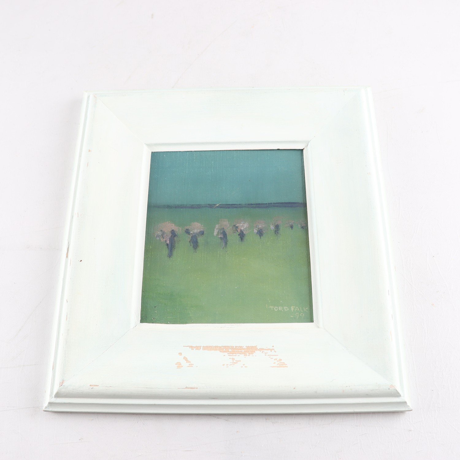 Oljemålning på pannå, ”Vårig promenad”, Tord Falk, 1999. Samfraktas ej.