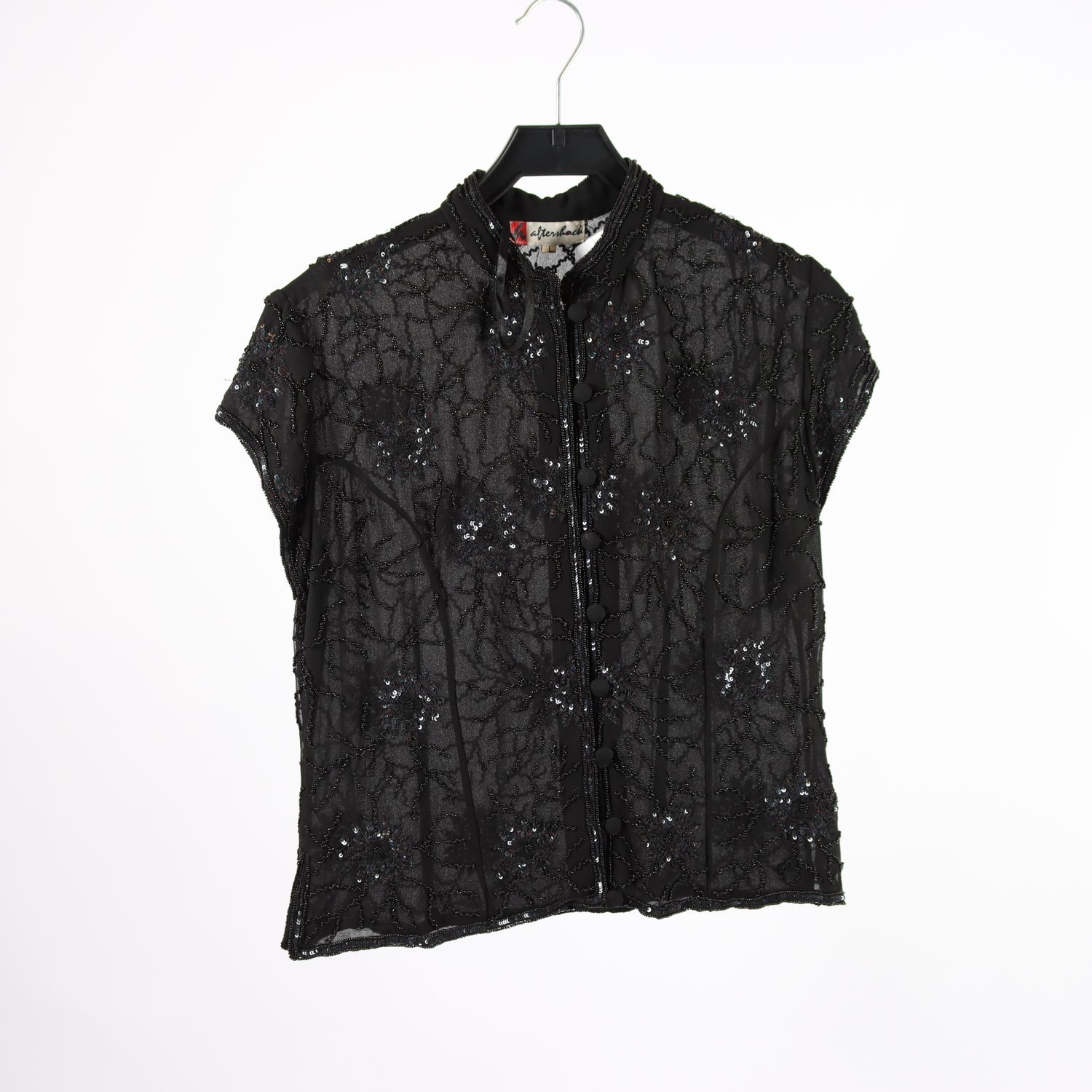 Blus, vintage, Aftershock. svart. paljetter, pärlor, stl. L