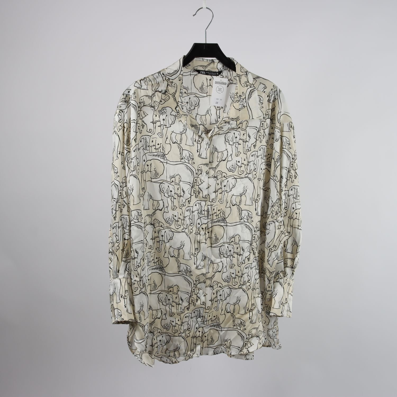 Blus, Zara, vit, beige, mönstrad, elefanter, stl. XXL