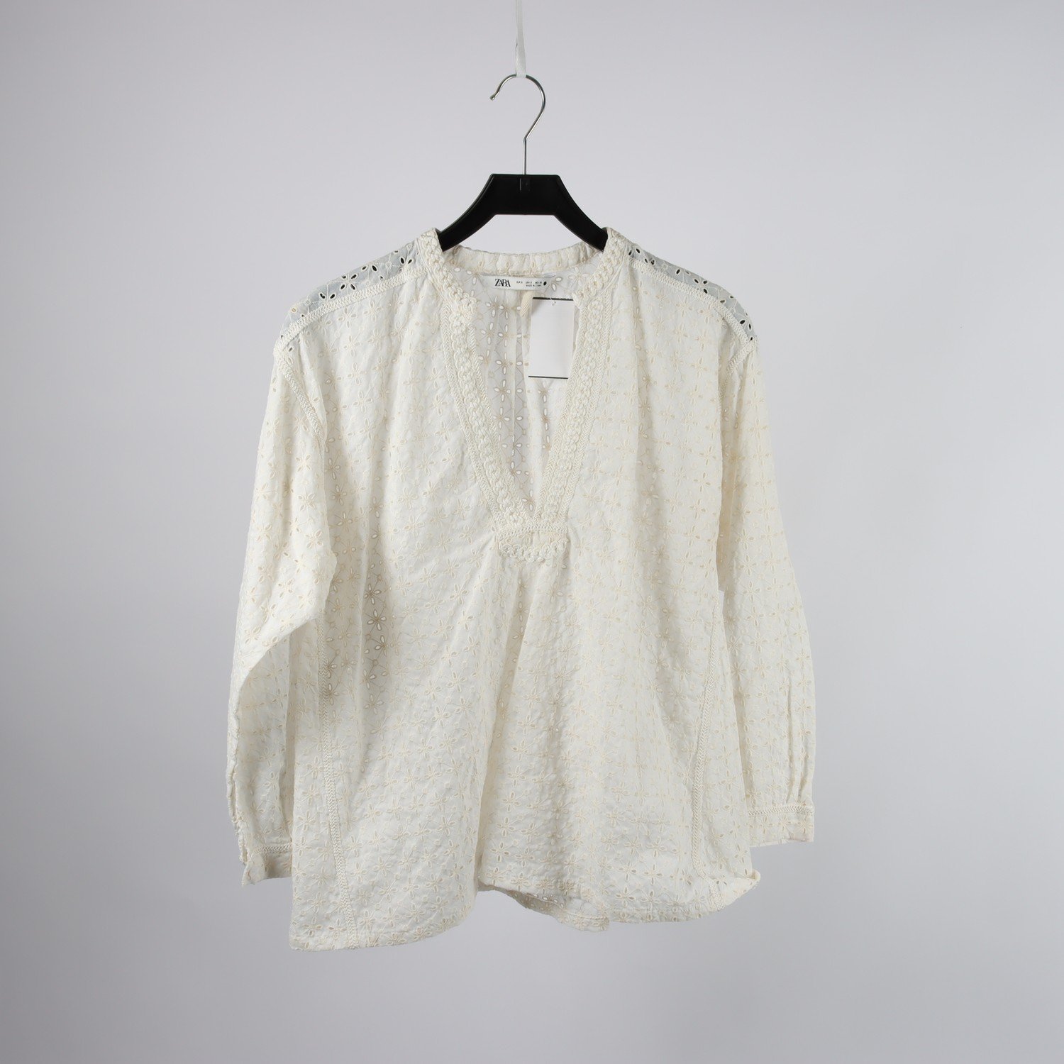 Blus, Zara, vit, hålbroderi, stl. S