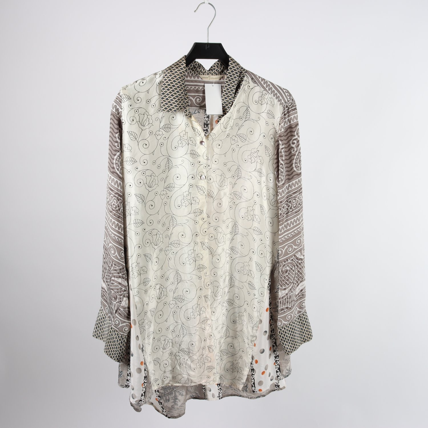 Blus, Gossip, grå, silver, silke, stl. ca. L