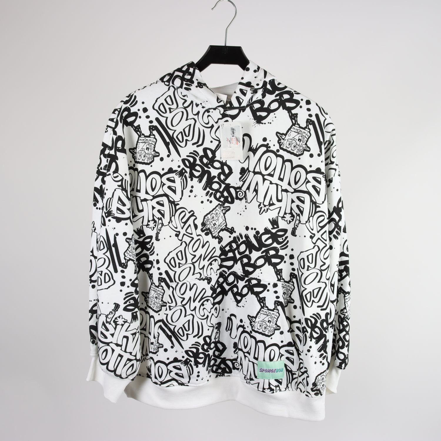 Hoodie, H&M, Svampbob, vit, svart, mönstrad, stl. S