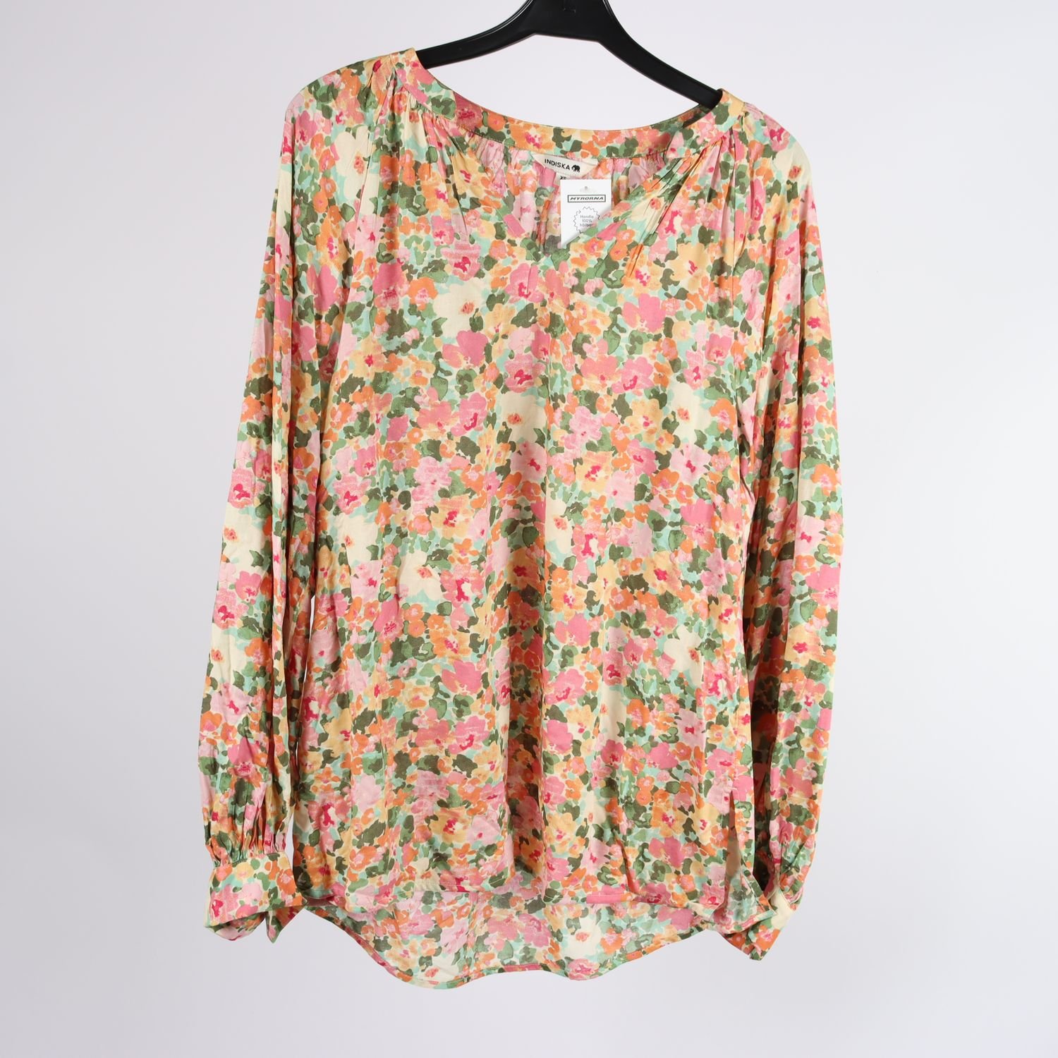 Blus, Indiska, rosa, gul, grön, stl. XS