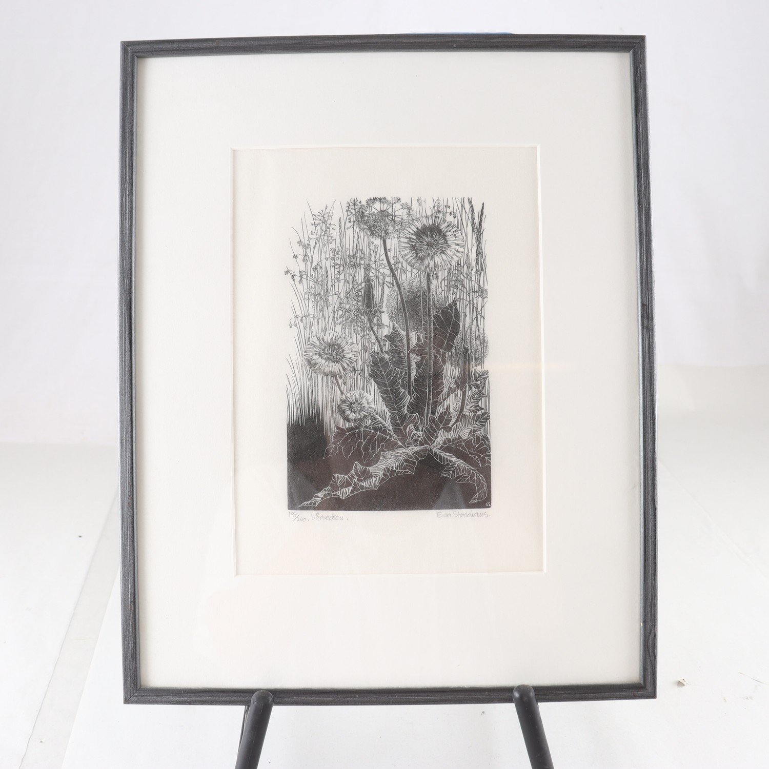 Etsning, Vårtecken, Eva Stockhaus, (f. 1919), sign. Samfraktas ej