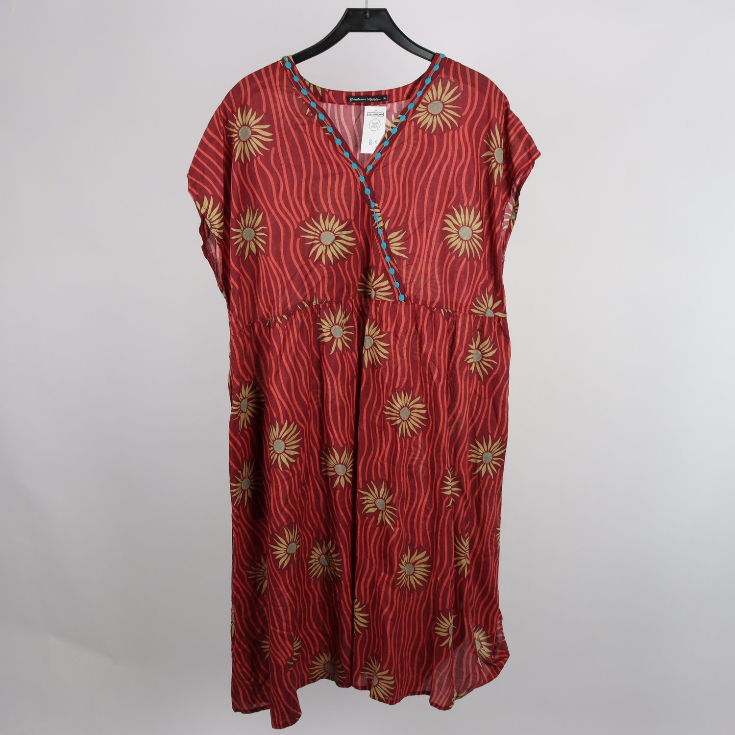 Klänning, Gudrun Sjödén, turkos, vinröd, stl. XL.