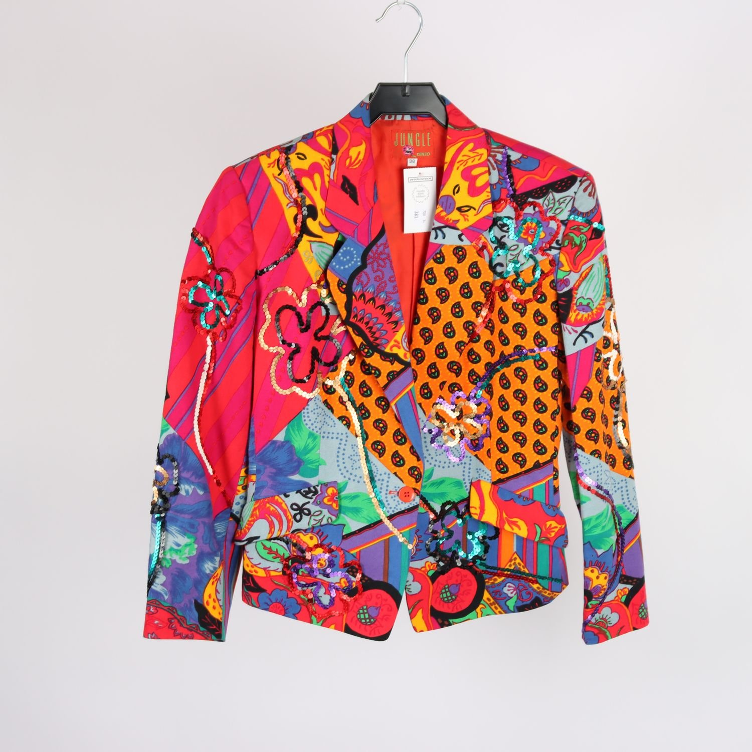 Kavaj, Jungle Kenzo, mönstrad, rosa, orange, paljetter. Stl. 38.