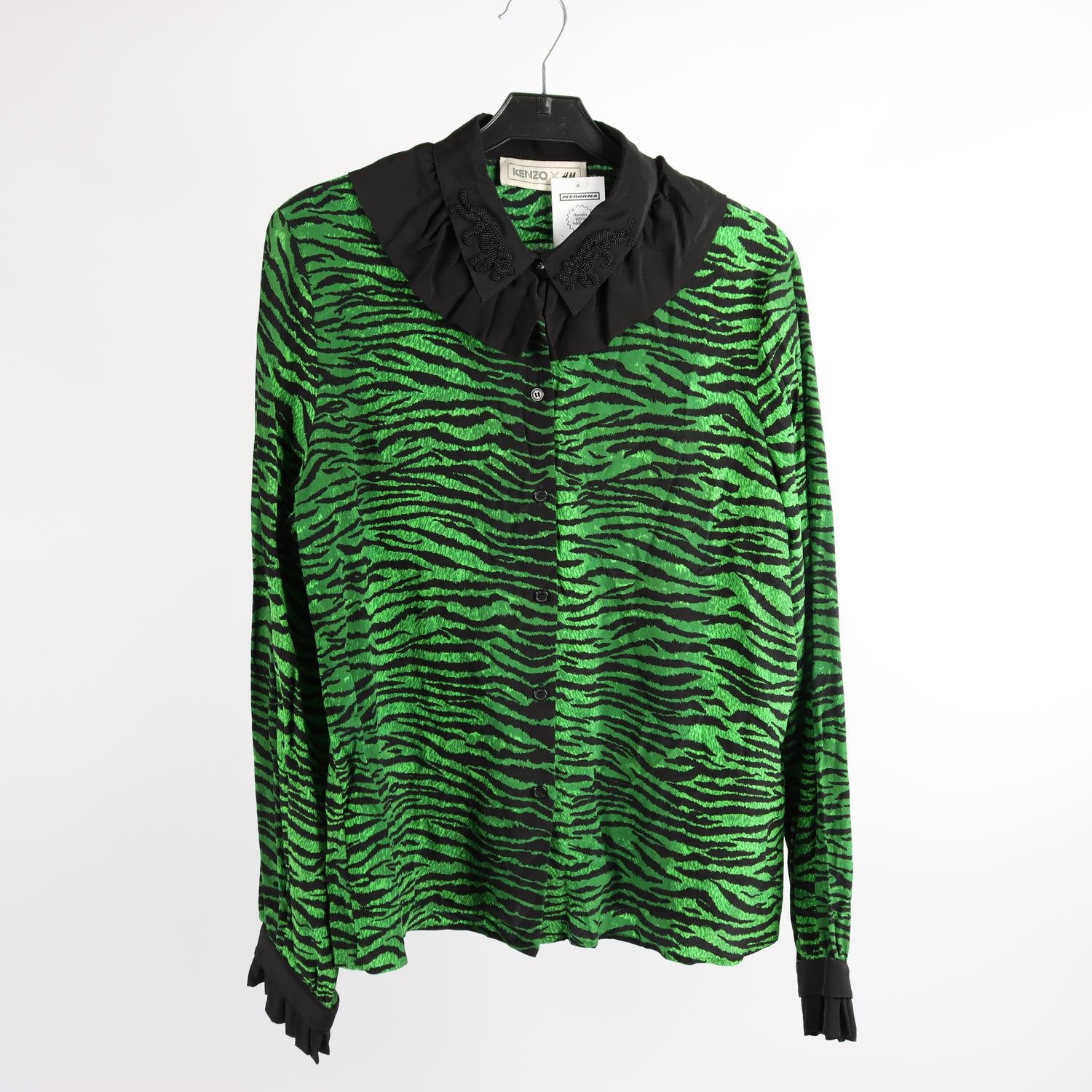 Blus, Kenzo x H&M, grön, svart, mönstrad, stl. 40