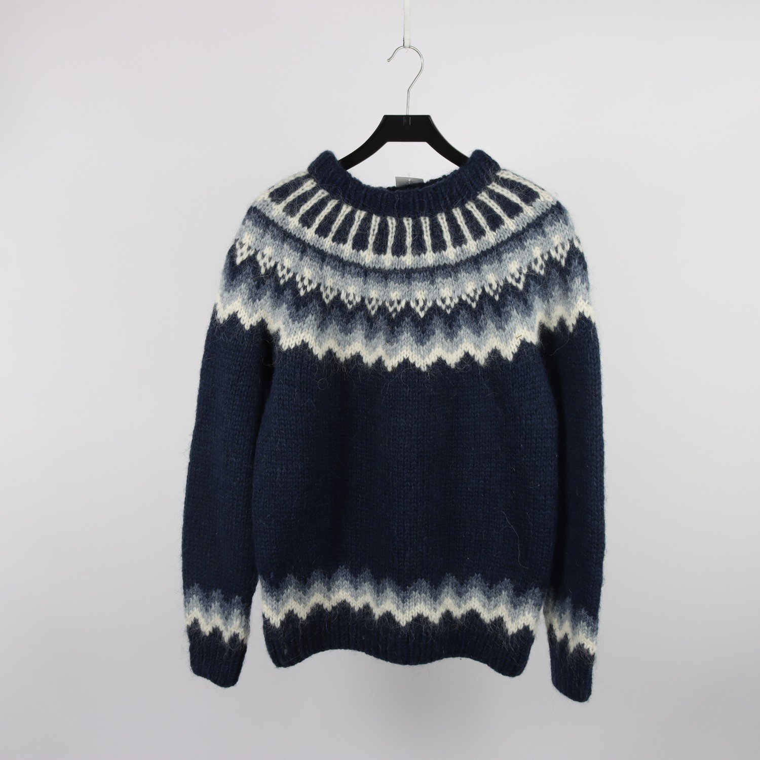 Islandströja, Handknitting, blå, vit, ull, stl. ca. M/L.