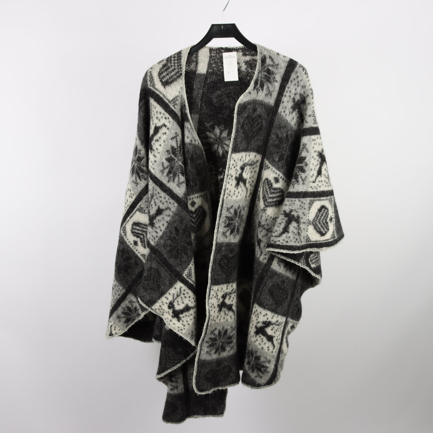 Öppen poncho, Okänd, grå, svart, ull, stl. one size.