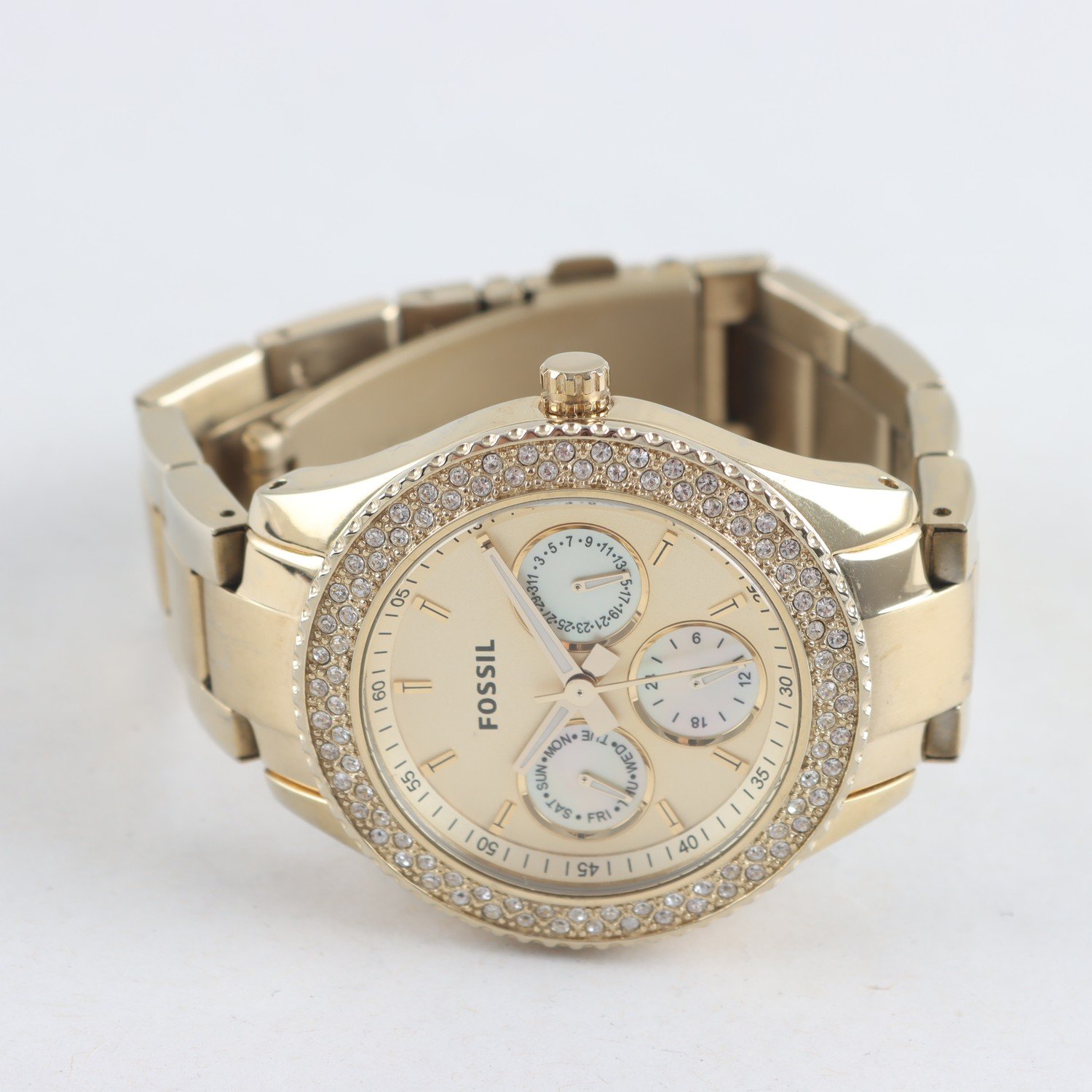 Armbandsur, guldfärgat stål, Fossil, datum, quartz