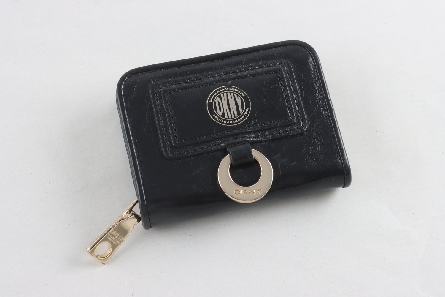 Plånbok, korthållare, läder, guldfärgad metall, DKNY
