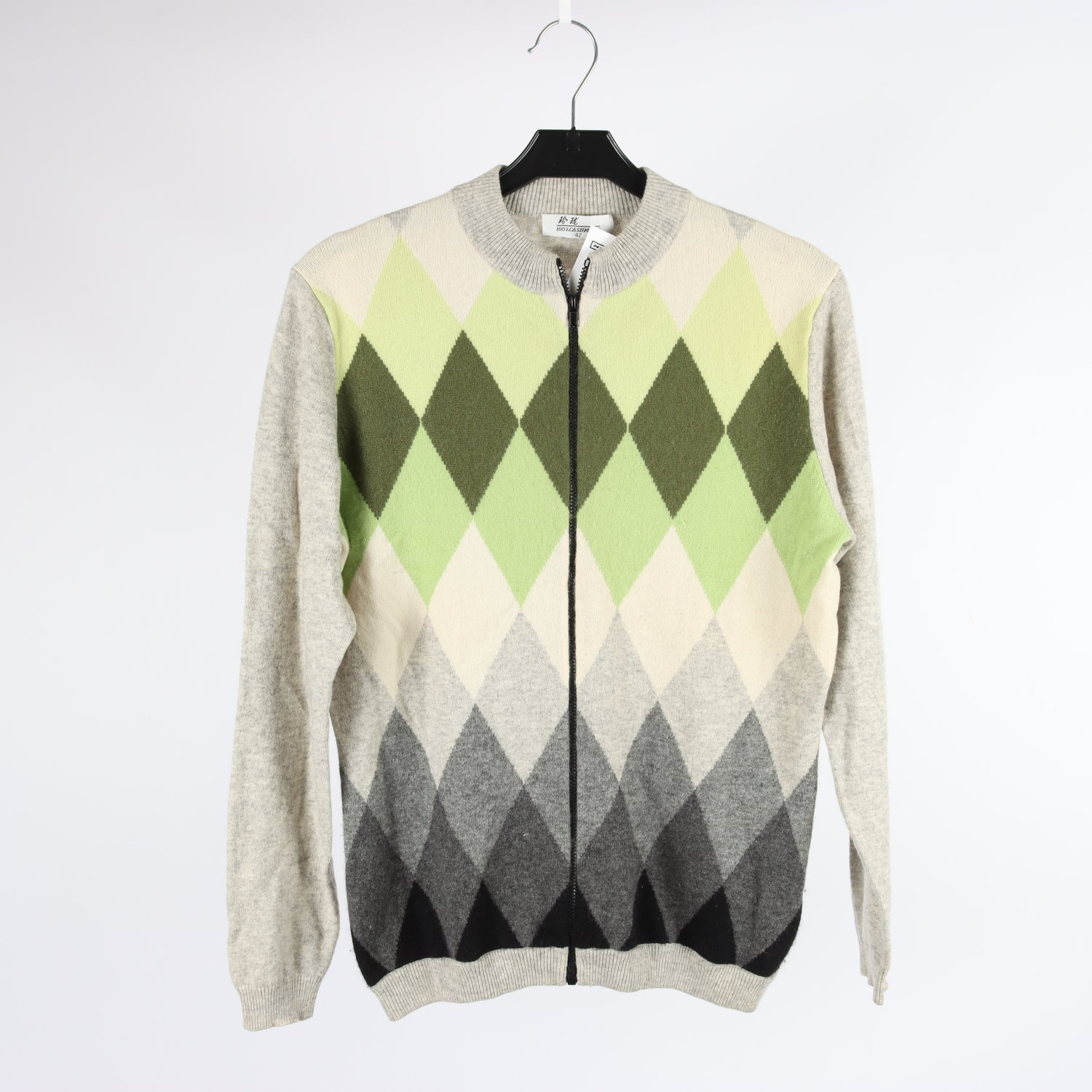 Kofta, Okänd, grön, grå, cashmere, stl. 42.