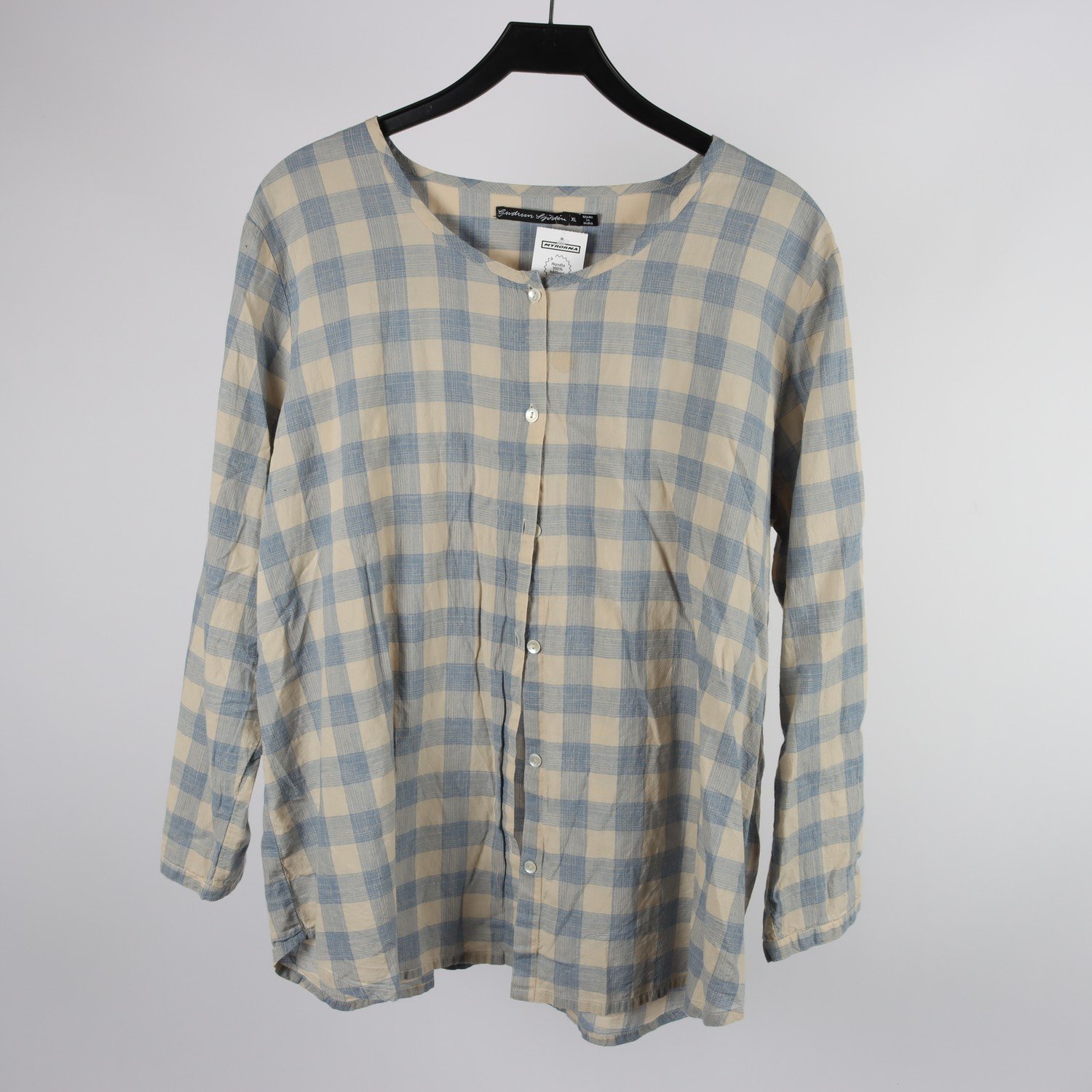 Blus, Gudrun Sjödén, rutig, vit, blå, stl. XL.