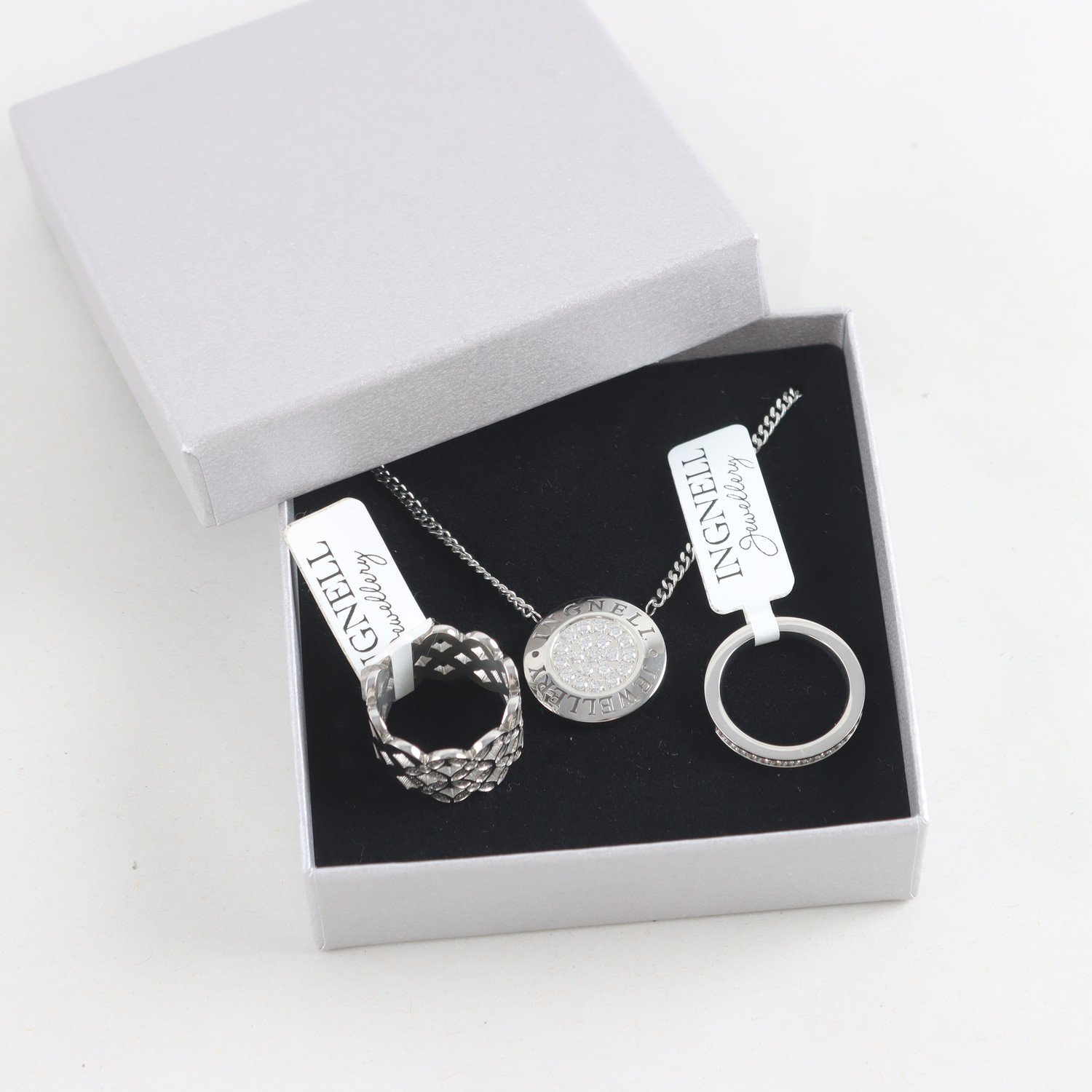 Set, halsband, ringar, stål, stenar, Ingnell Jewellery