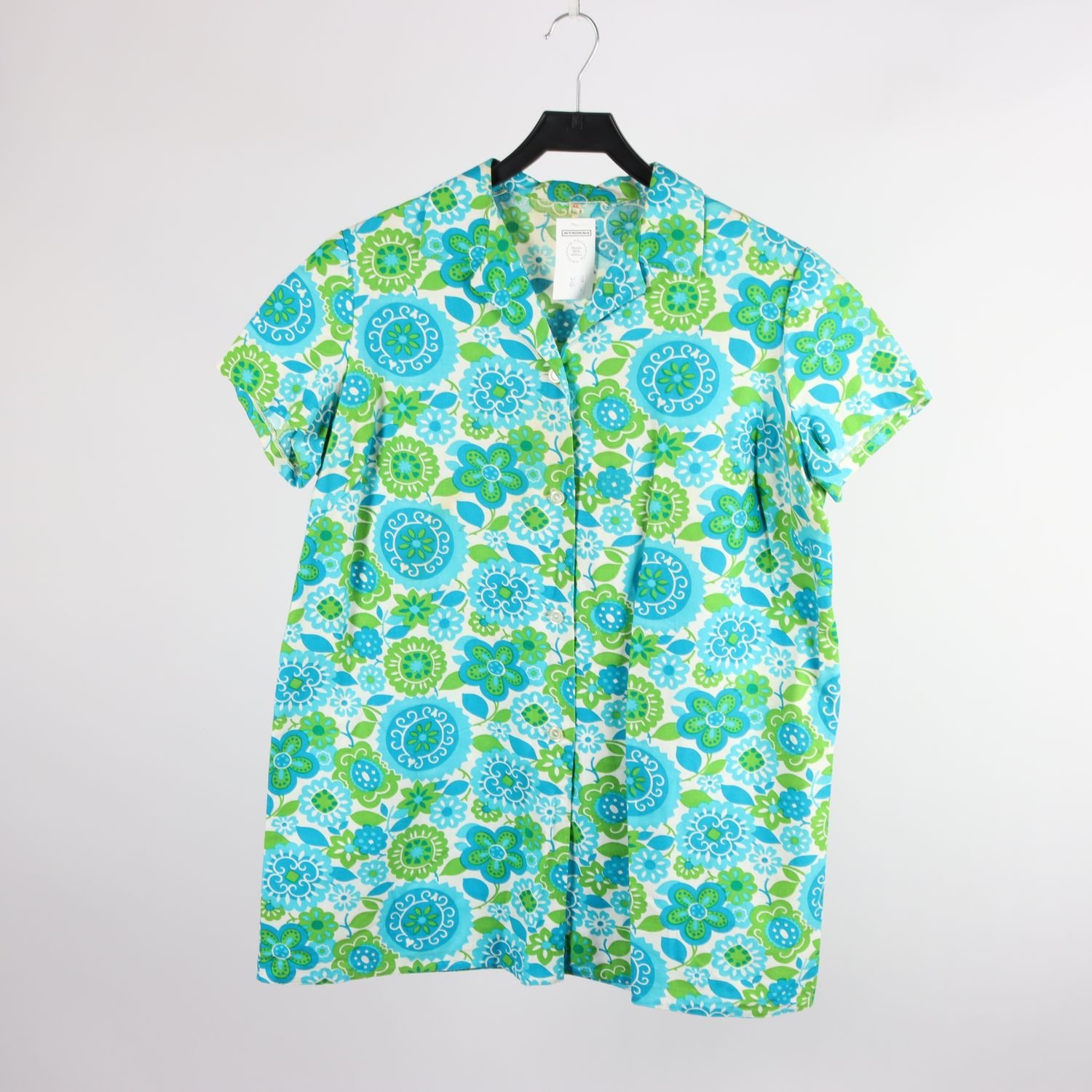Blus, Okänd, blommig, grön, blå, retro, stl. 48.