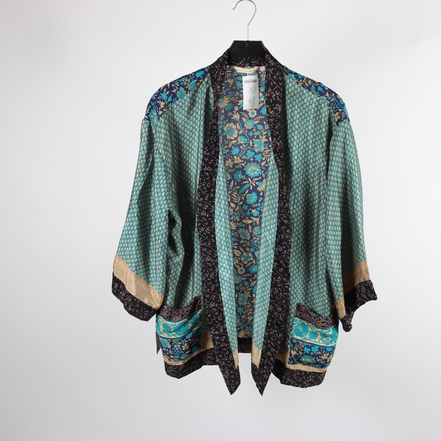 Kimono, Gossip, grön, blå, silke, stl. one size.