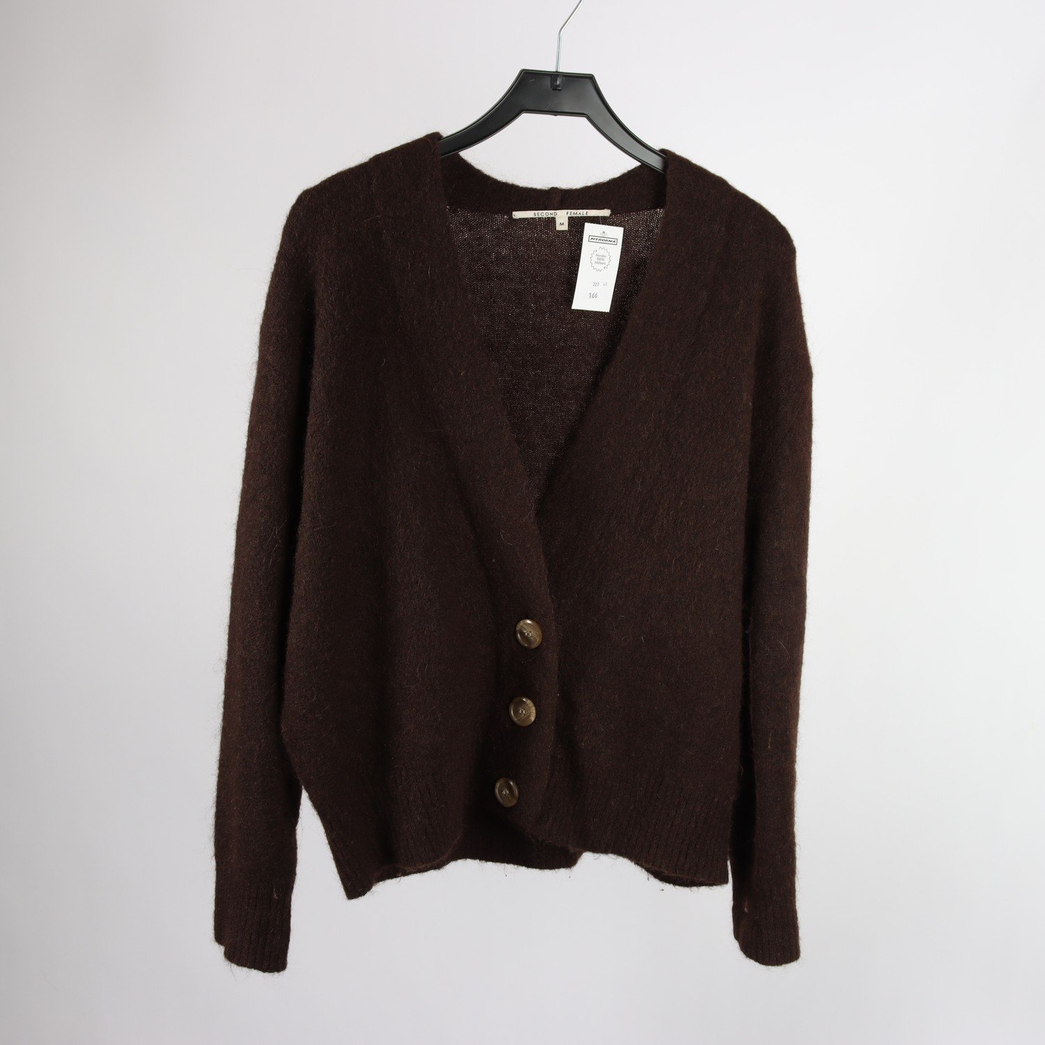 Stickad kofta, Second Female, mörk brun, 34% mohair 34% ull, stl. M