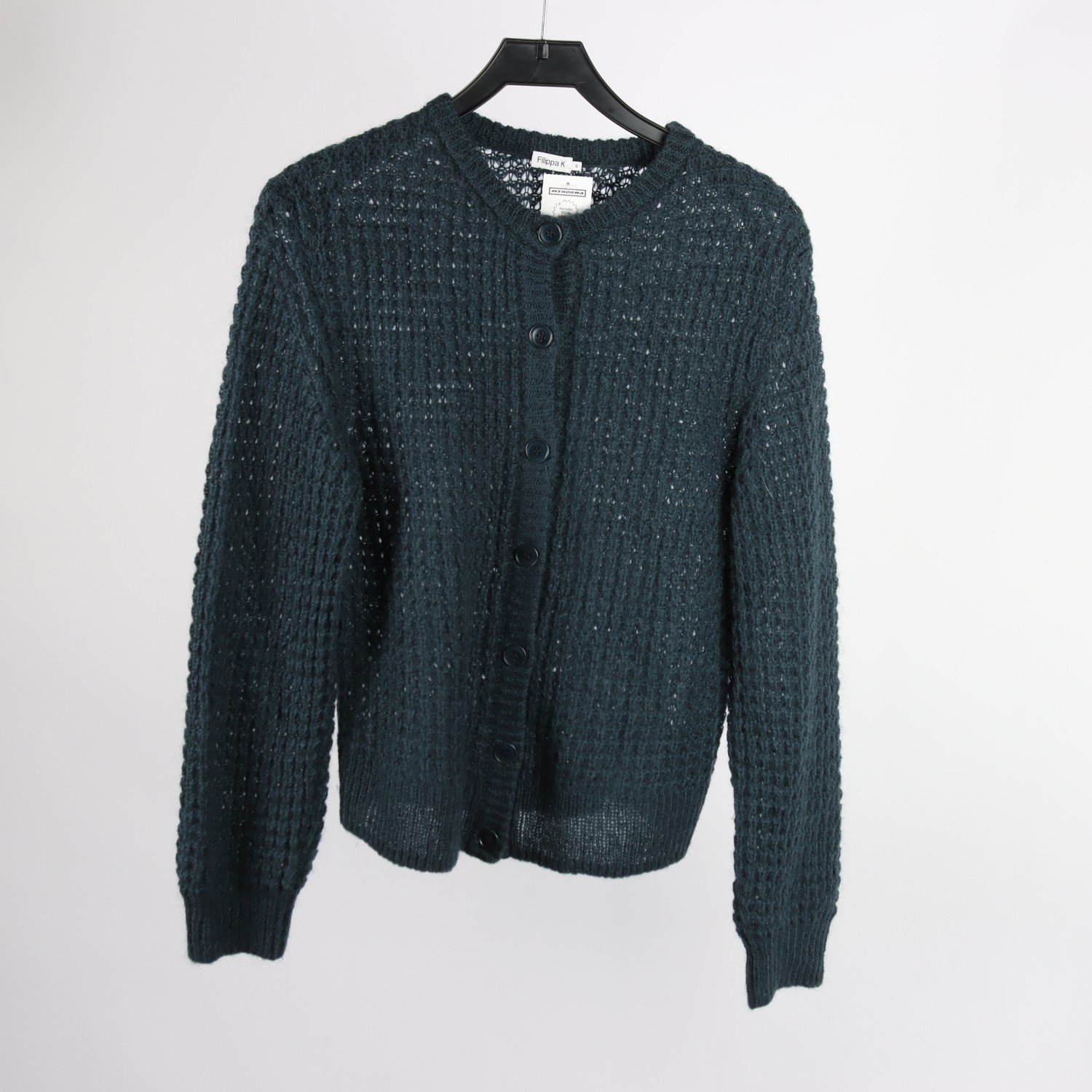 Stickad kofta, Filippa K, mörk grön, 50% mohair 20% ull, stl. S